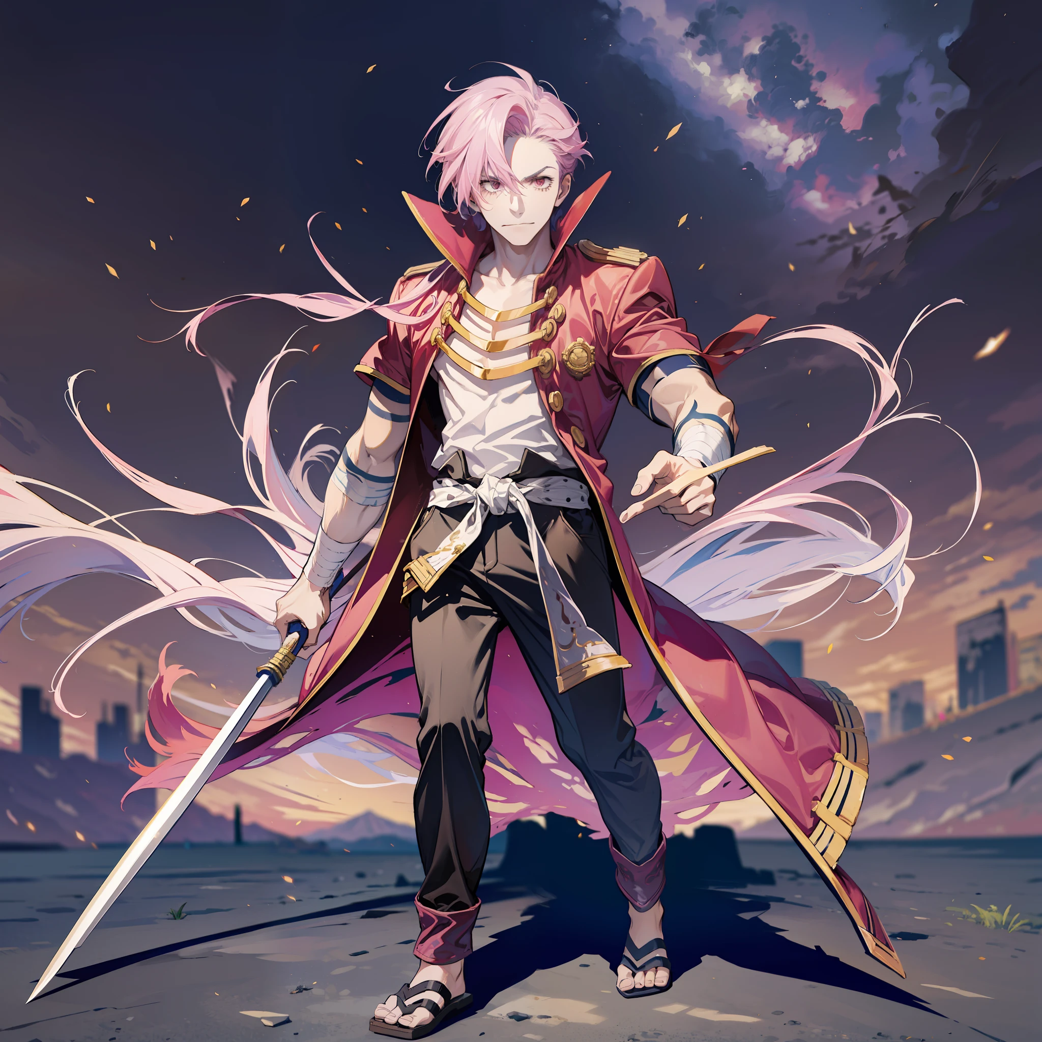 Swordmaster, Wario, Muscle Male, Panst, Coat, vest, pink hair, full body, walking