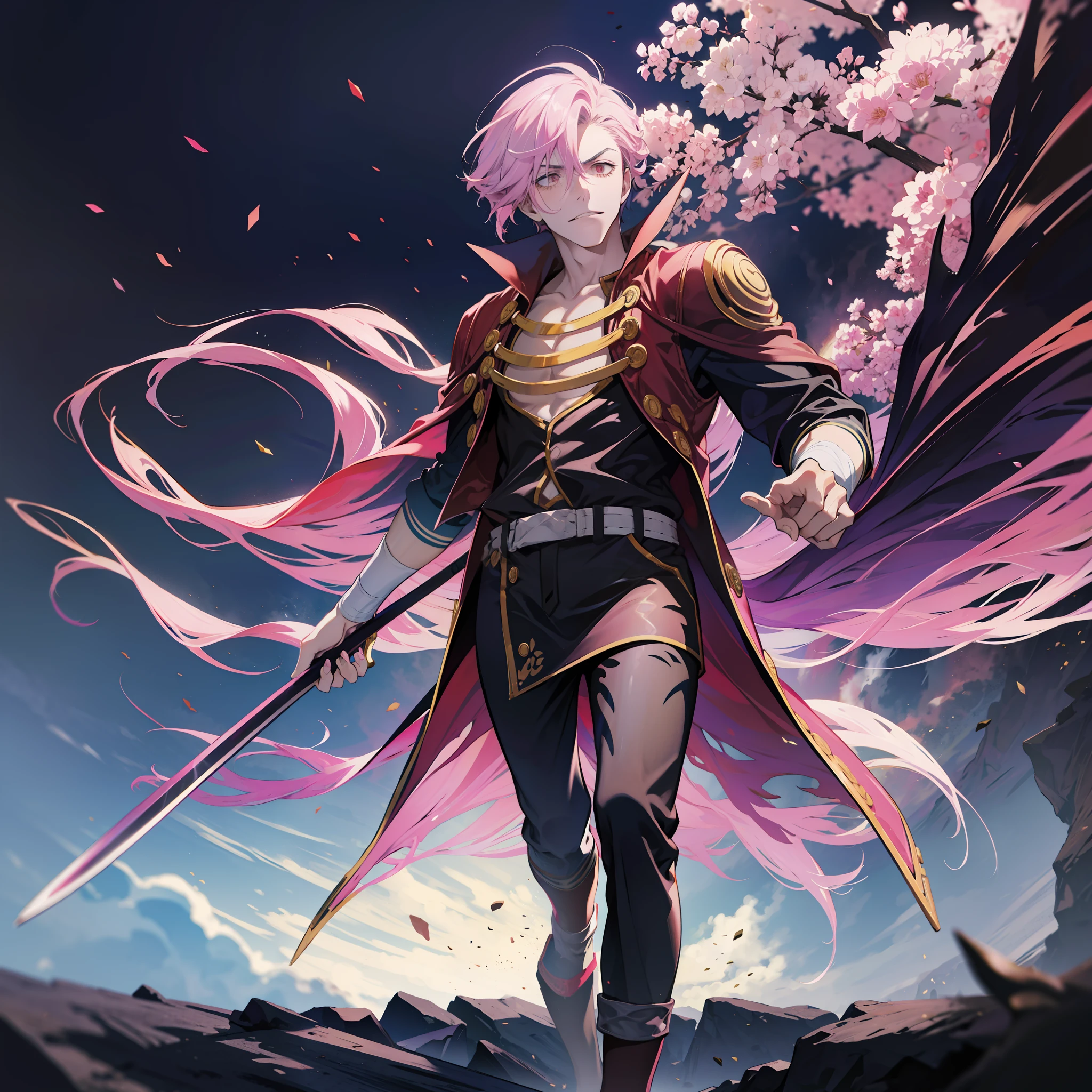 Swordmaster, Wario, Muscle Male, Panst, Coat, vest, pink hair, full body, walking