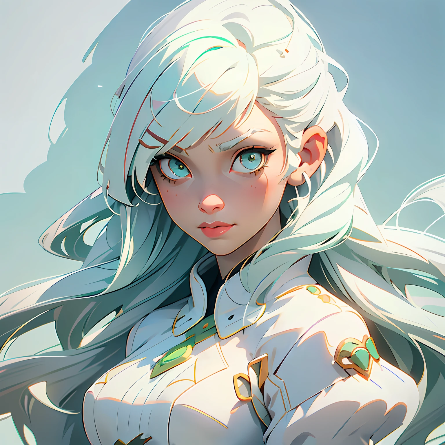 Well detailed illustration, better image, better anime, better quality, better coloring, better desinger, extremely detailed eyes, a beautiful girl of (incandescent shimmering eyes) of emerald green color, ((long white hair with bangs:1.3)), ((straight white hair:1.4)), wearing steampunk style clothes, artistic cinematic lighting from Paramount and Wit studios, steampunk backdrop.lora: details:1.2, lora: eyedetailed:1.2,lora:add_details:1.2, lora:more_details:1.2, lora:cinematic-lighting, lora:studio-light, lora:eyesdetails:1.3, lora:detailed_particle.