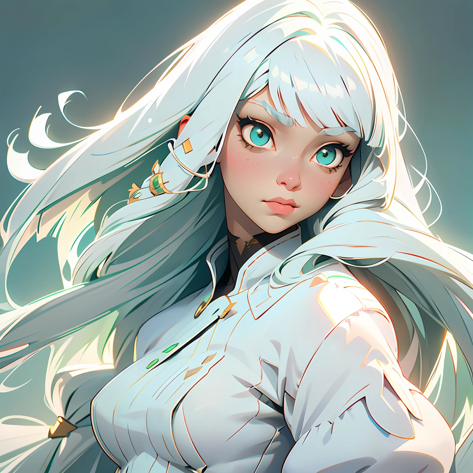 Well detailed illustration, better image, better anime, better quality, better coloring, better desinger, extremely detailed eyes, a beautiful girl of (incandescent shimmering eyes) of emerald green color, ((long white hair with bangs:1.3)), ((straight white hair:1.4)), wearing steampunk style clothes, artistic cinematic lighting from Paramount and Wit studios, steampunk backdrop.lora: details:1.2, lora: eyedetailed:1.2,lora:add_details:1.2, lora:more_details:1.2, lora:cinematic-lighting, lora:studio-light, lora:eyesdetails:1.3, lora:detailed_particle.