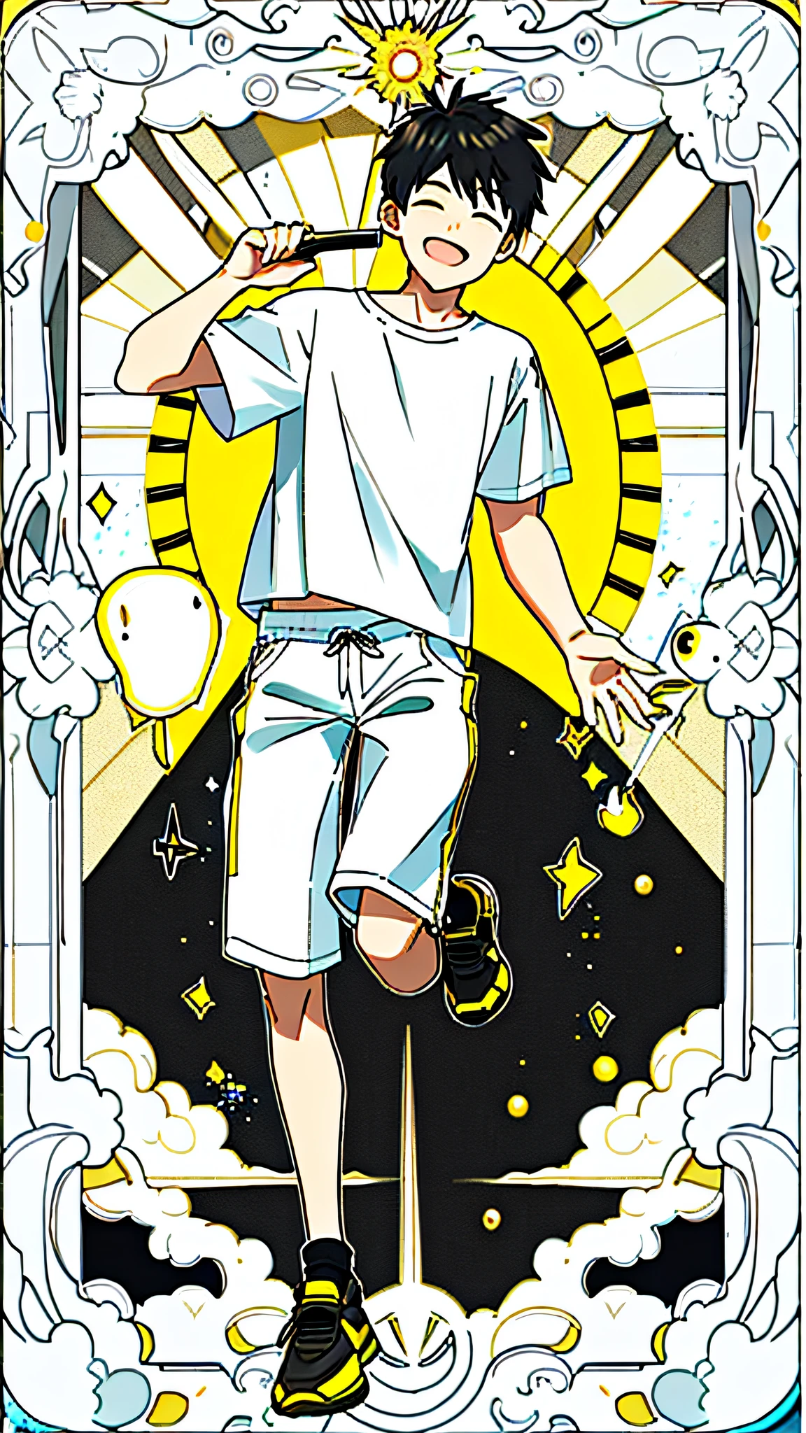 masterpiece, best quality, full body, card, 1 man, the sun, happy, laugh, short hair, black hair,  brush cut, white shirt, standing, white, light, music, art, yellow, black,  buzz cut, bara, man, street style, white t-shirt, short pant, sport, center, energetic
