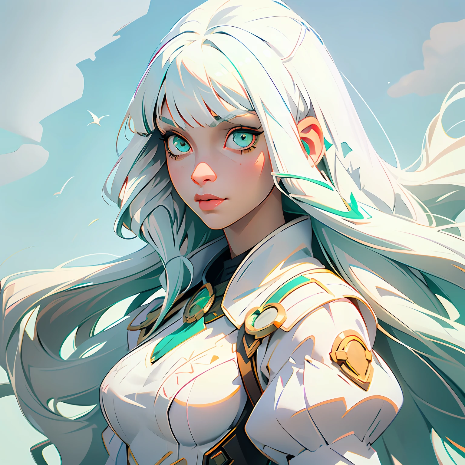 Well detailed illustration, better image, better anime, better quality, better coloring, better desinger, extremely detailed eyes, a beautiful girl of (incandescent shimmering eyes) of emerald green color, ((long white hair with bangs:1.3)), ((straight white hair:1.4)), wearing steampunk style clothes, artistic cinematic lighting from Paramount and Wit studios, steampunk backdrop.lora: details:1.2, lora: eyedetailed:1.2,lora:add_details:1.2, lora:more_details:1.2, lora:cinematic-lighting, lora:studio-light, lora:eyesdetails:1.3, lora:detailed_particle.