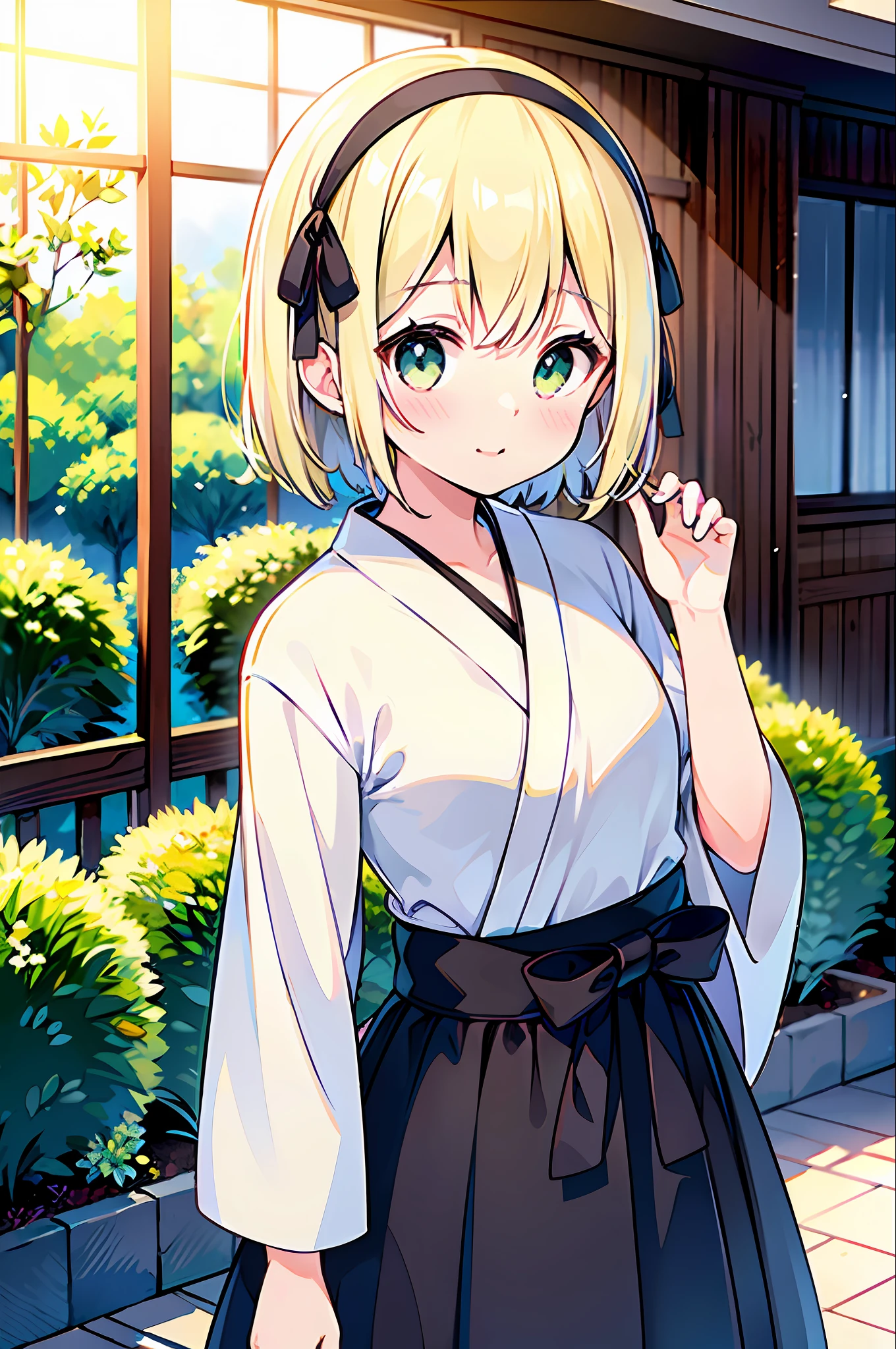 (top quality, super high resolution,  girl, short hair splashing outside the front, blonde, white hair band, light green eyes), small breasts, white street clothes, long black hakama, indoor