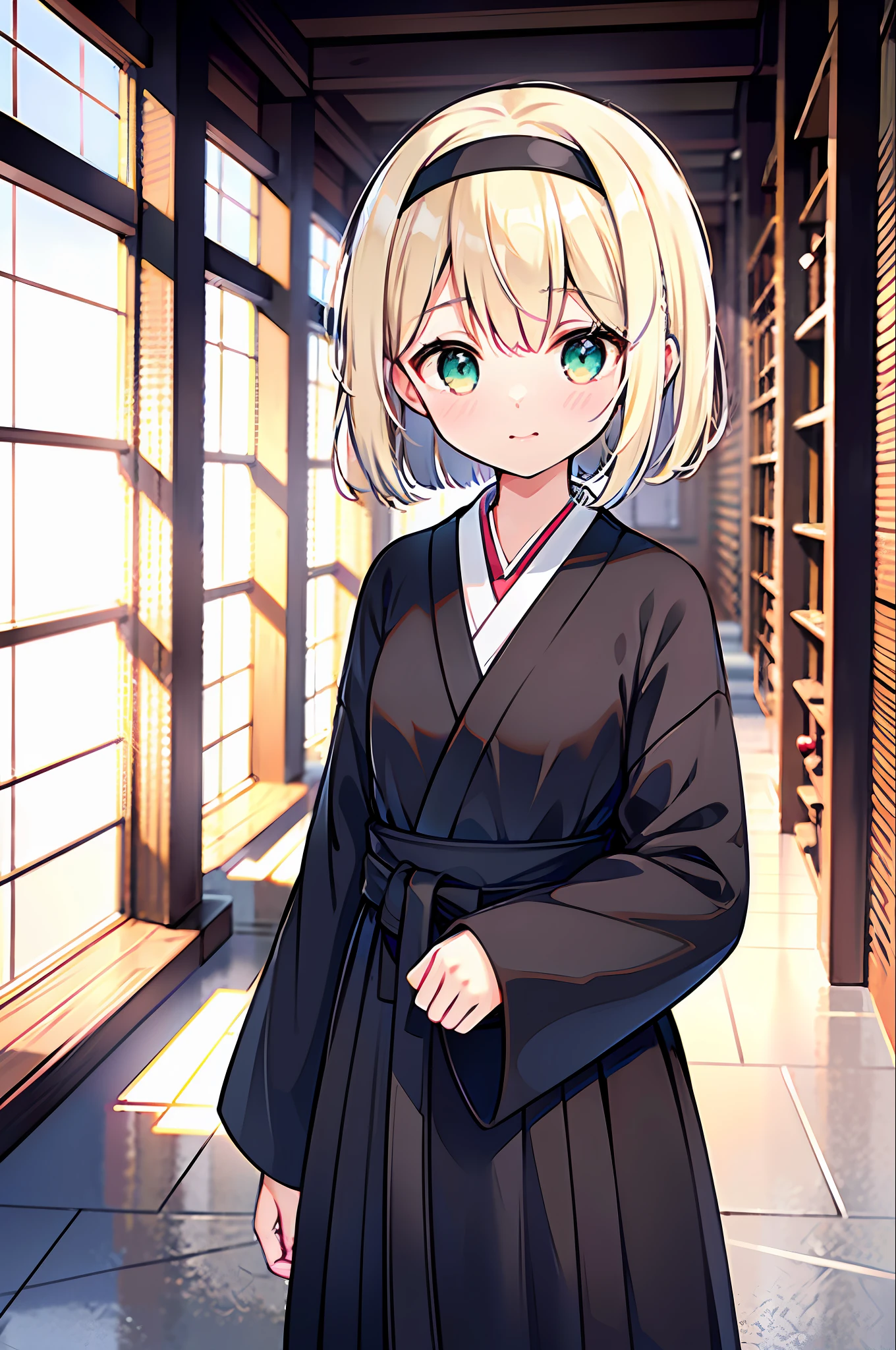 (top quality, super high resolution, 16 year old girl, short hair splashing outside the front, blonde, white hair band, light green eyes), small breasts, white street clothes, long black hakama, indoor