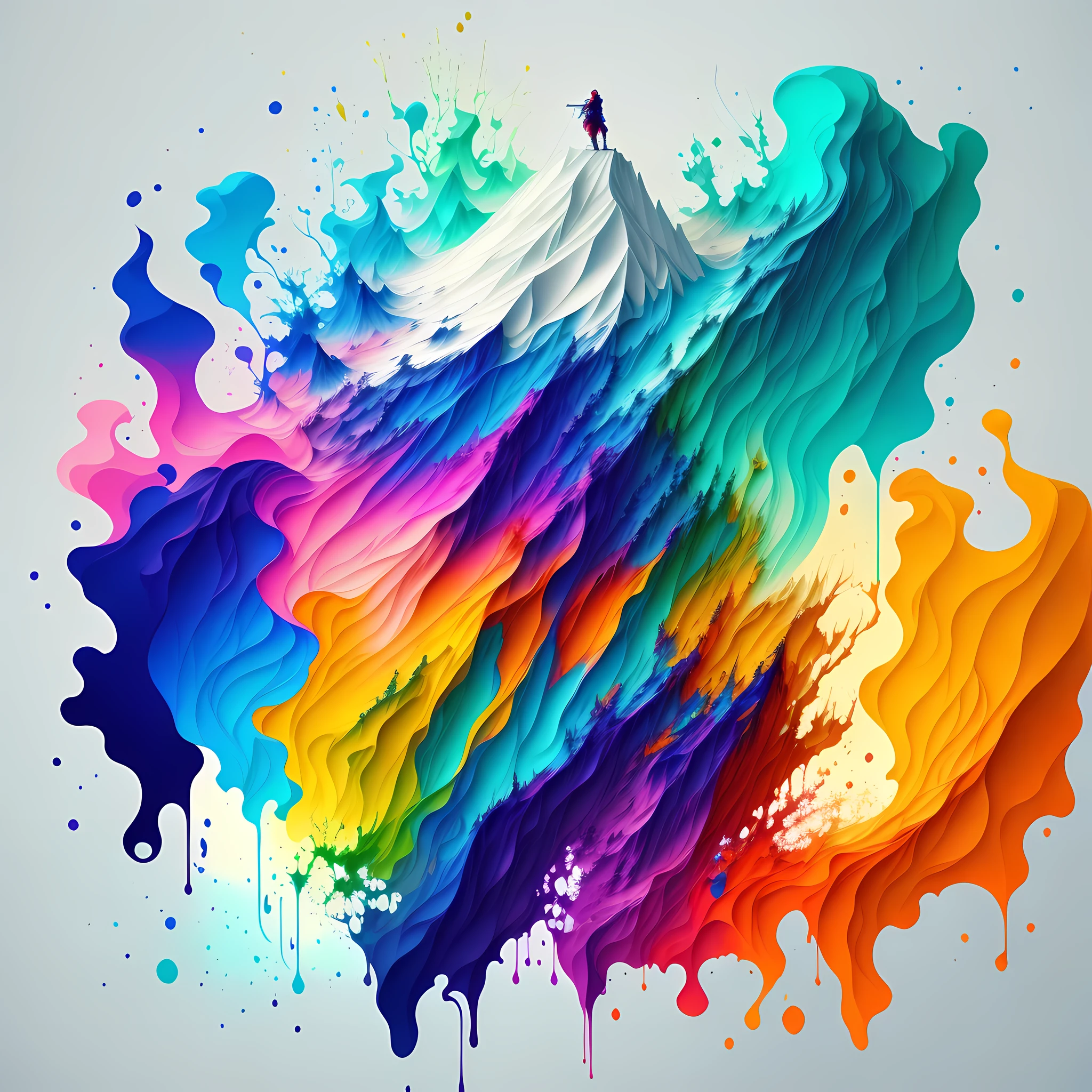 Colorful abstract paint art forming a man on top of a mountain, Romantic lighting, Sub-surface Scatterring, Brightness, White background, Underwater paint art awarded by Alberto Seveso