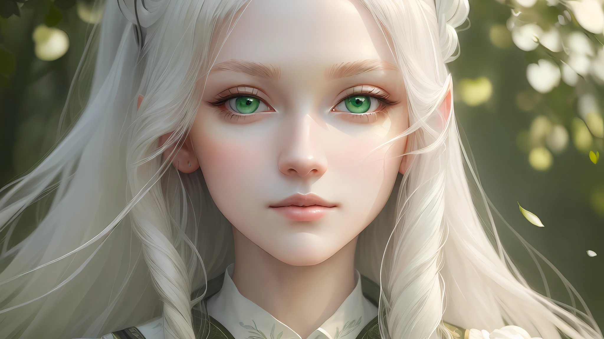 "(((Masterpiece)))), best quality, ultra-detailed details, extremely delicate and beautiful 8k wallpaper, floating, zooming in on the face of a beautiful girl with long white hair, intense green eyes and pale skin."