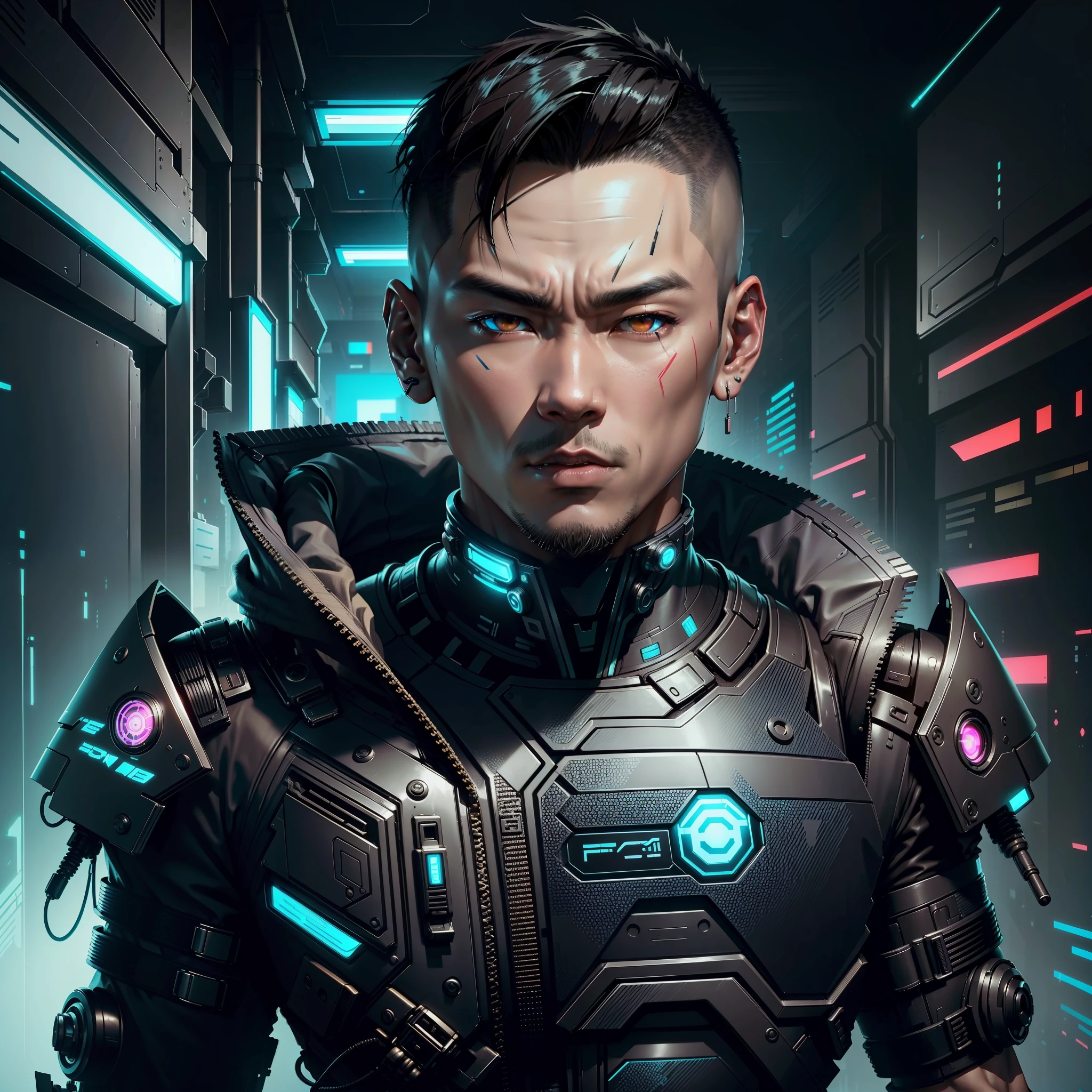 Create an Asian man cyberpunk style, futuristic background, short hair, futuristic cyber suit, (best quality), ((1:1 resolution), (face centered in the center of the image), avatar photo only, (head + shoulders), 8k resolution, highly realistic.