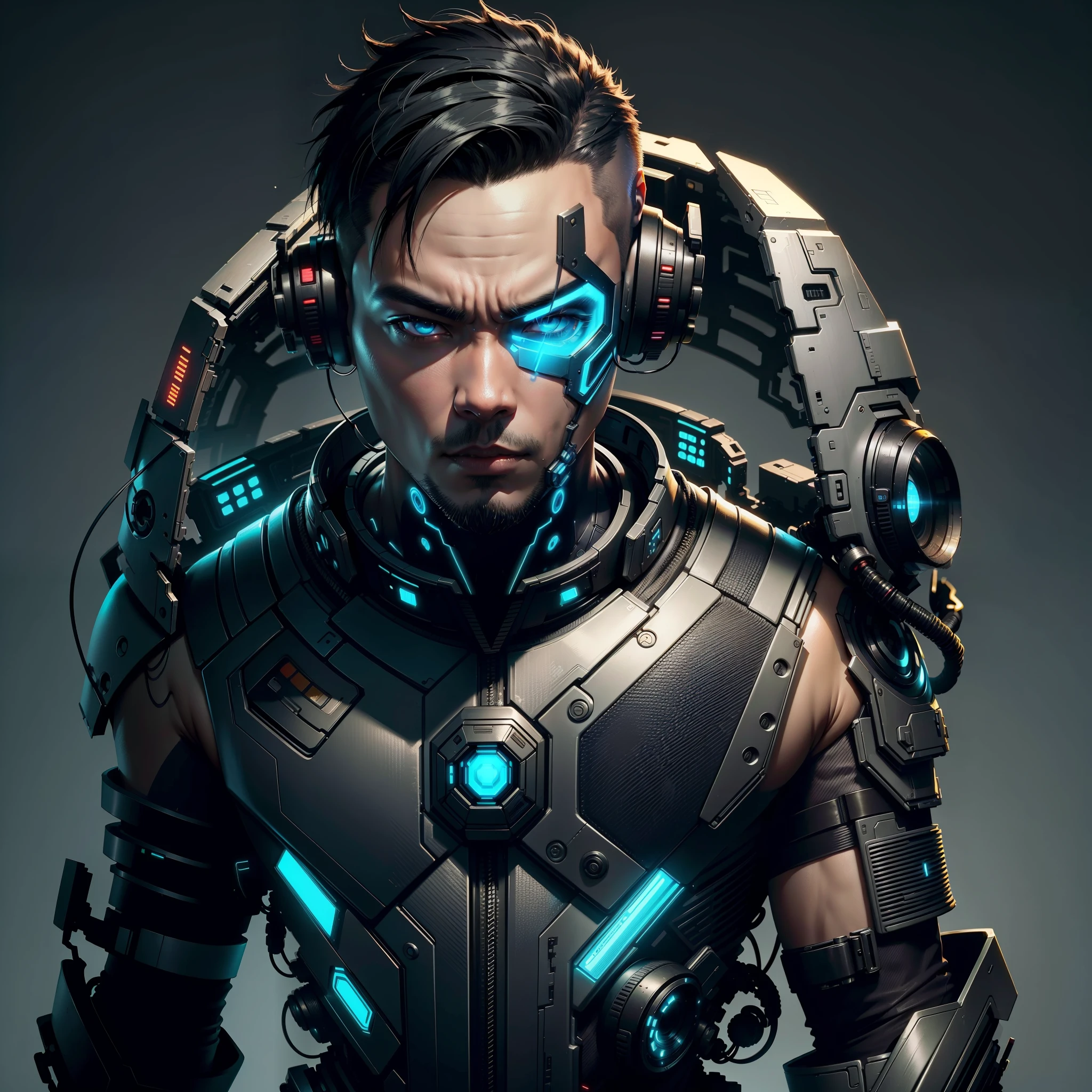 Create an Asian man cyberpunk style, futuristic background, short hair, futuristic cyber suit, (best quality), ((1:1 resolution), (face centered in the center of the image), avatar photo only, (head + shoulders), 8k resolution, highly realistic.