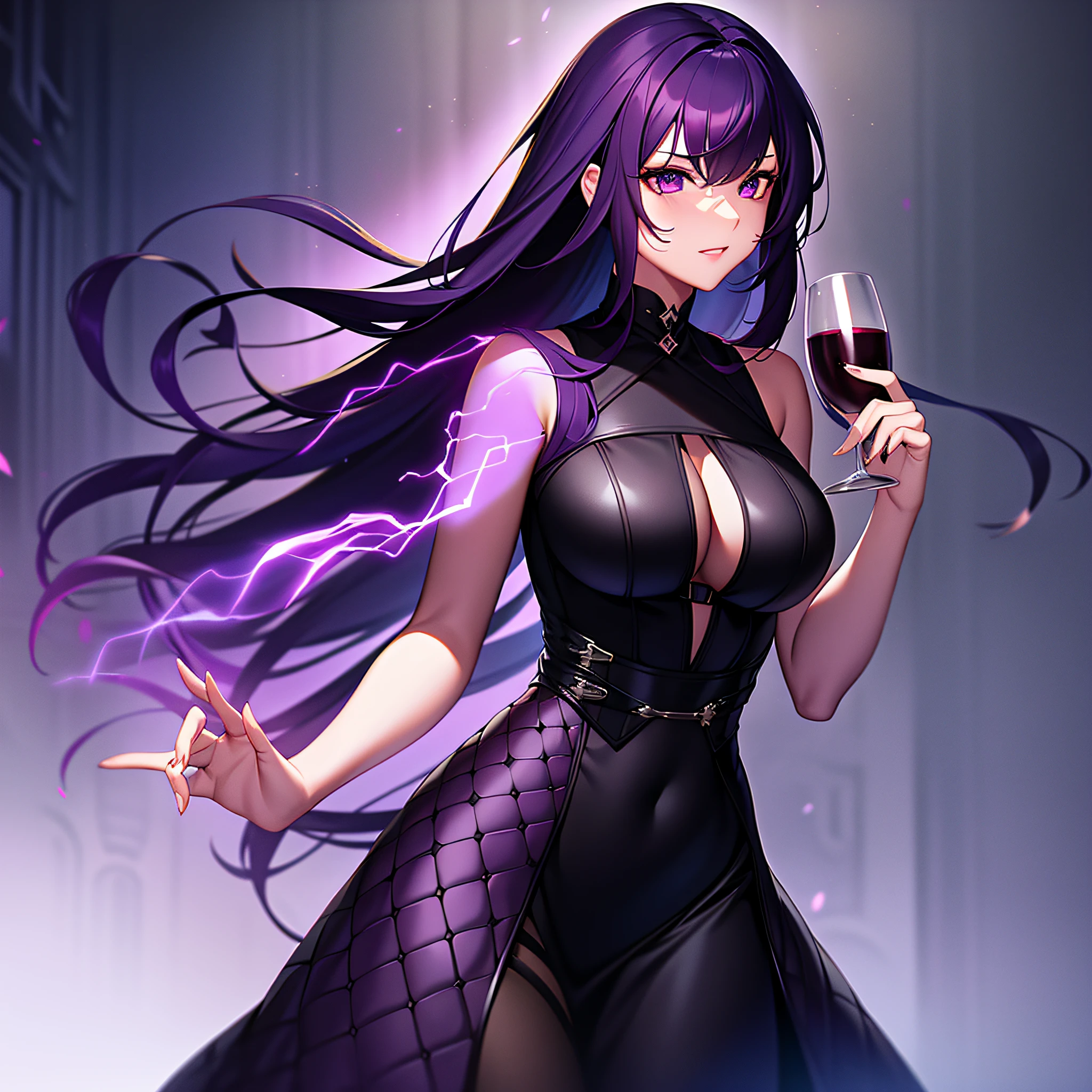 A girl with dark purple hair wearing a black dress made of scales, she has electrical powers and is holding a glass of red wine