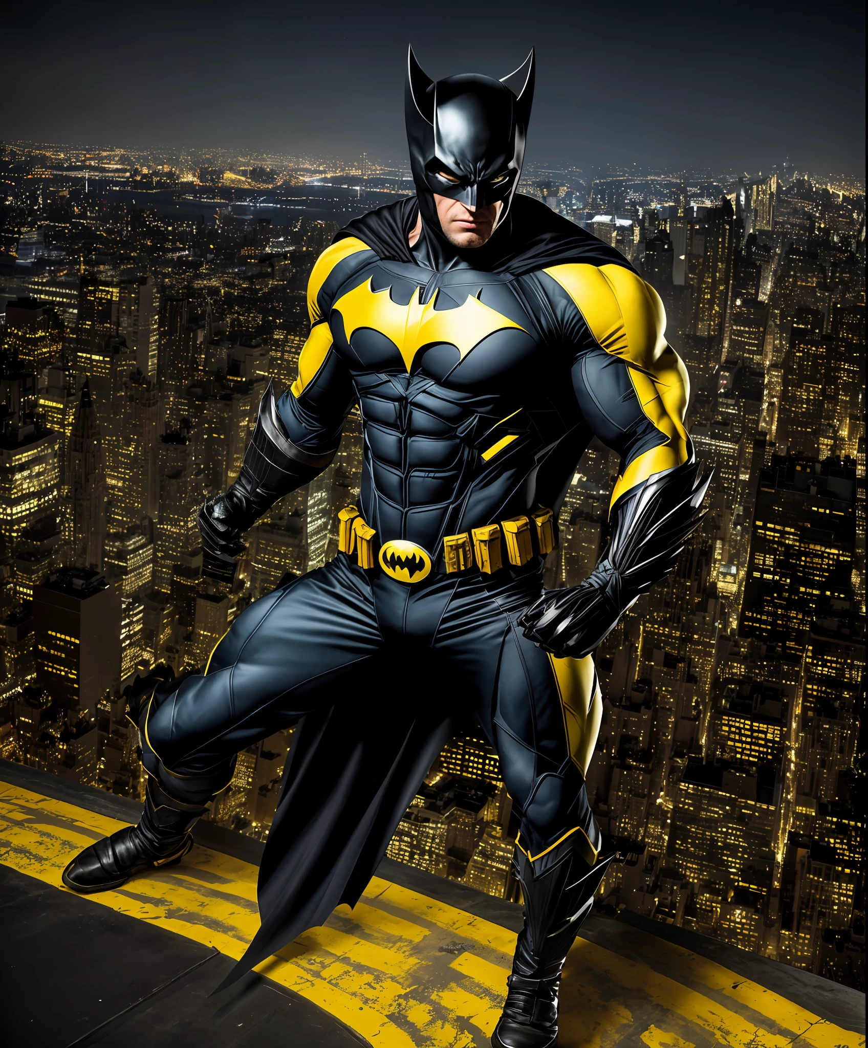 fusion between Wolverine and Batman, black and yellow costume, super detailed, New York City in the background, building terrace, night, soft front light, brightness, HDR, (soft colors: 1.2)