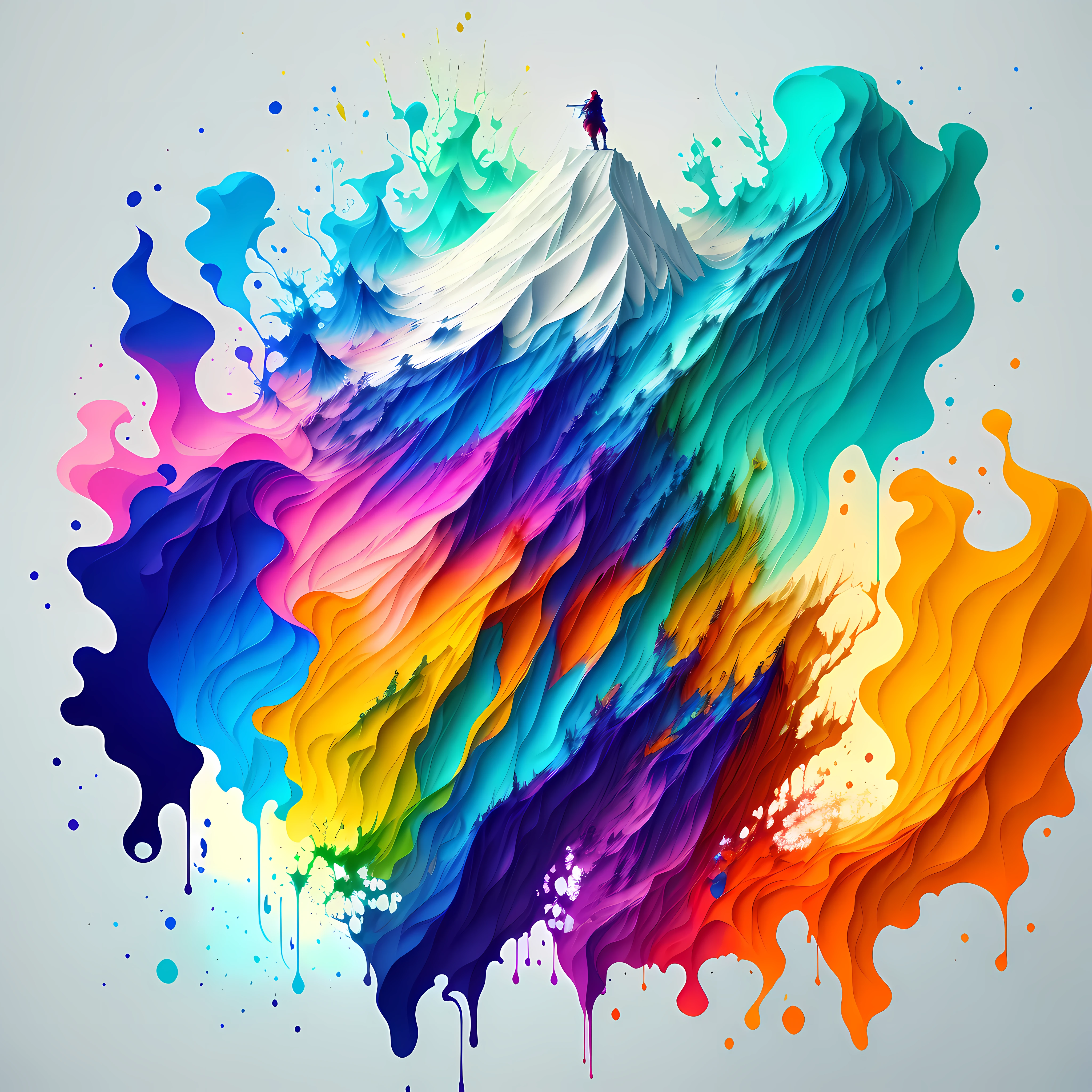 Colorful abstract paint art forming a man on top of a mountain, Romantic lighting, Sub-surface Scatterring, Brightness, White background, Underwater paint art awarded by Alberto Seveso