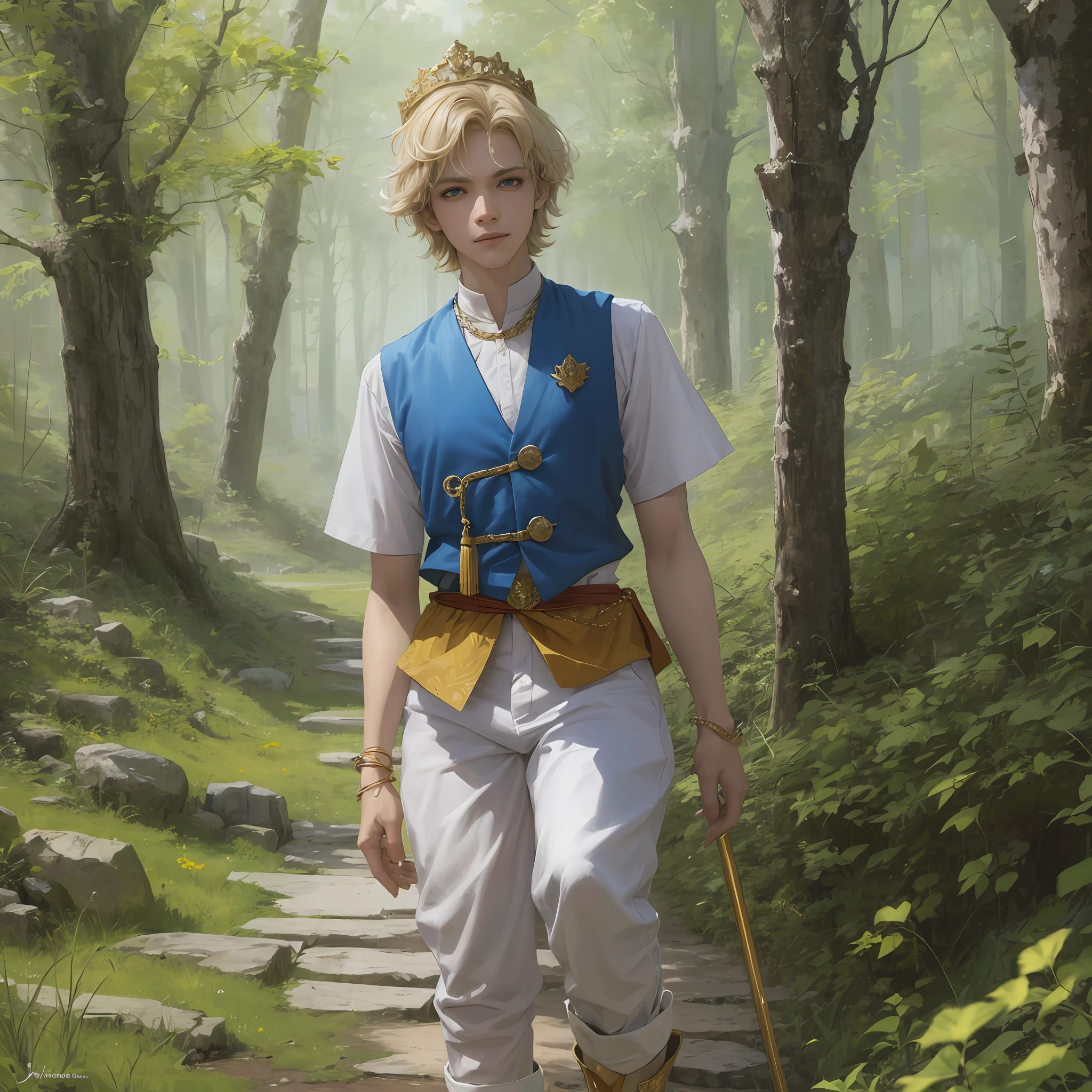 Digital painting style + Jymi: boy, ager, blonde hair, crystalline green eyes, rosy freckled cheeks, wearing a blue vest with gold print over a white shirt, long blue shorts, wearing blue boots, wearing a crown studded with blue gems ;. You are walking on a path in the forest, you look to your side and see Jymi, you look at Jymi, Jymi is on your side, next to Jymi there are some of his servants, Jymi looks at you and smiles lazily, Jymi is so close that you can see all the details of Jymi with her servants, when you look at Jymi you realize how beautiful and stylish Jymi is. The image is what you saw when you looked at Jymi. + realistic strokes, vivid colors, 4k resolution, realistic lighting and shading. --auto --s2