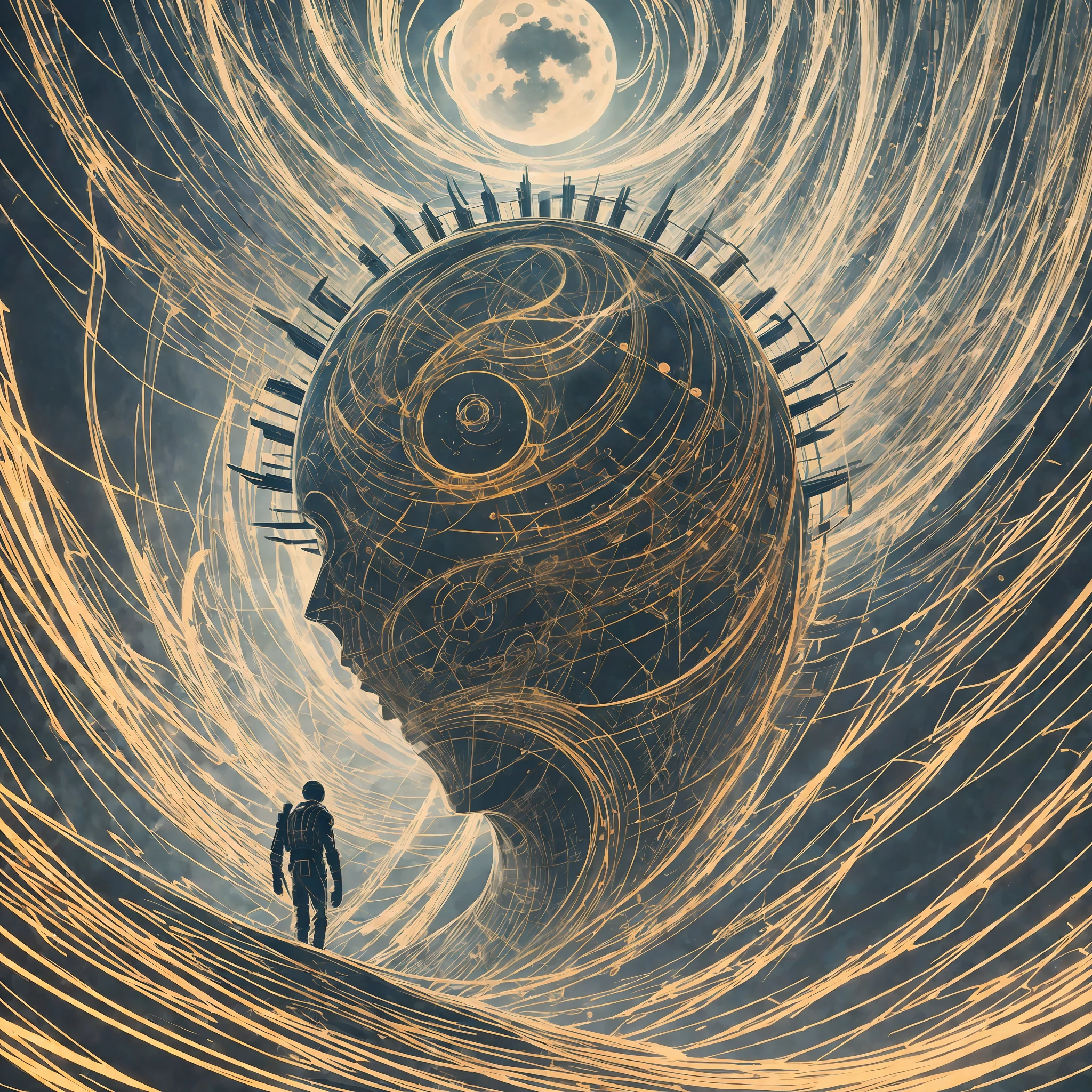 Forbidden apotheotic silhouette of the deconstruction of adulthood, on its trip to the Moon by the interactionism of human specialties futuristic, Digital Art, 50K. --auto --s2