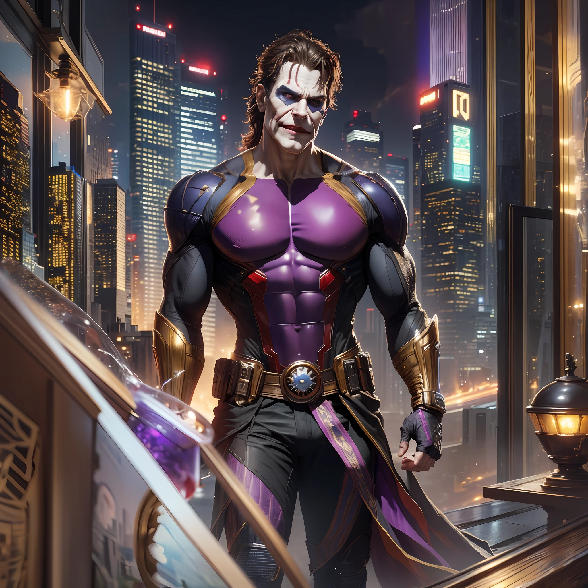 masterpiece, realistic, movie, real, best quality, high quality, extremely detailed 8k wallpaper of CG unit, depth of field, HDR, photorealistic, extremely detailed, intricate, high detail, Thanos, DC joker, night, city, strong colors --auto --s2