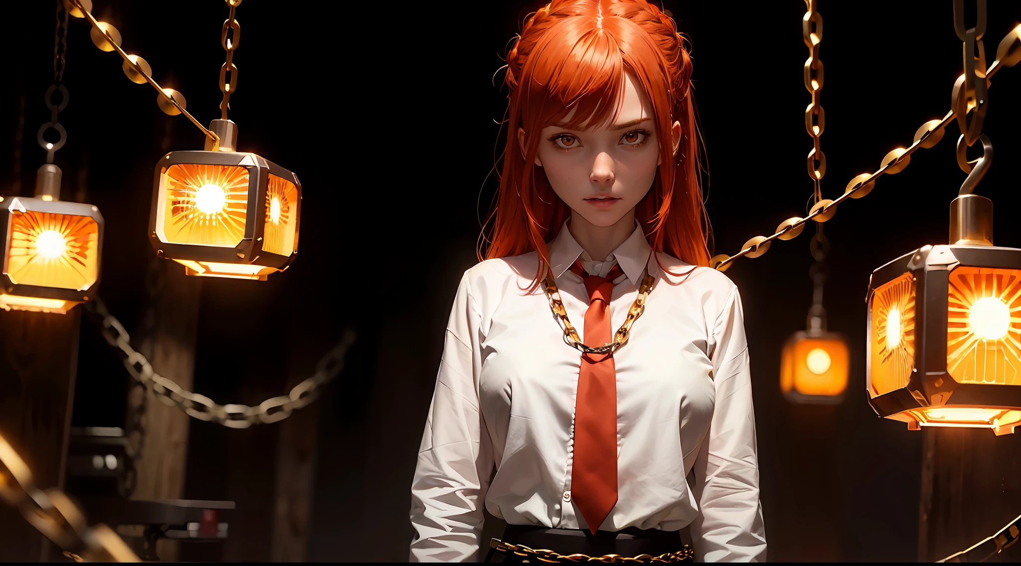 makima \(chainsaw man\), best quality, ultra detailed, 1girl, solo, standing, red hair, long braided hair, golden eyes, bangs, medium breasts, white shirt, necktie, stare, smile, (evil:1.2), looking at viewer, (interview:1.3), (dark background, chains:1.3), from below, gorgeous detailed eyes, focus , close up shot , glowing orange eyes