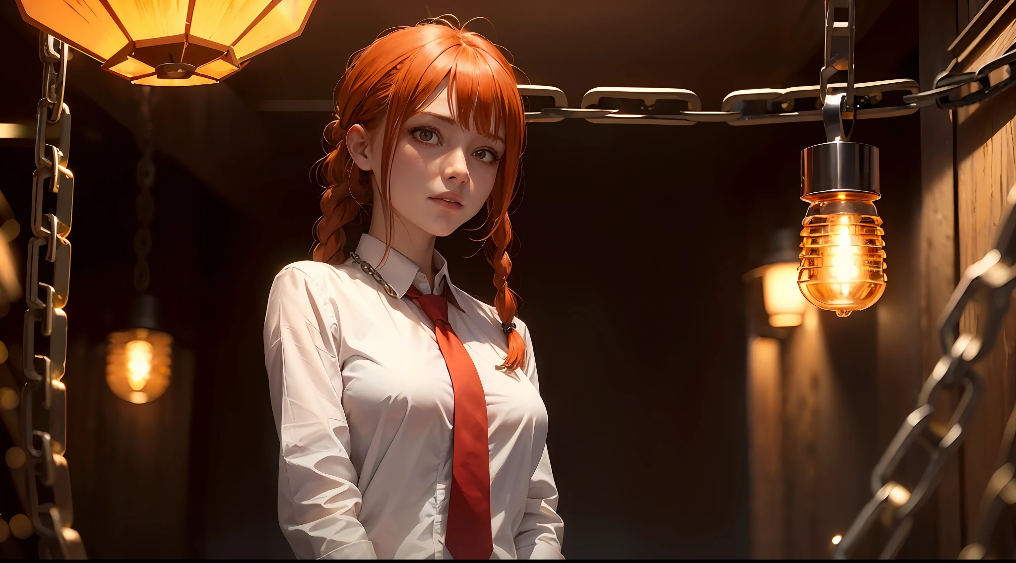 makima \(chainsaw man\), best quality, ultra detailed, 1girl, solo, standing, red hair, long braided hair, golden eyes, bangs, medium breasts, white shirt, necktie, stare, smile, (evil:1.2), looking at viewer, (interview:1.3), (dark background, chains:1.3), from below, gorgeous detailed eyes, focus , close up shot , glowing orange eyes