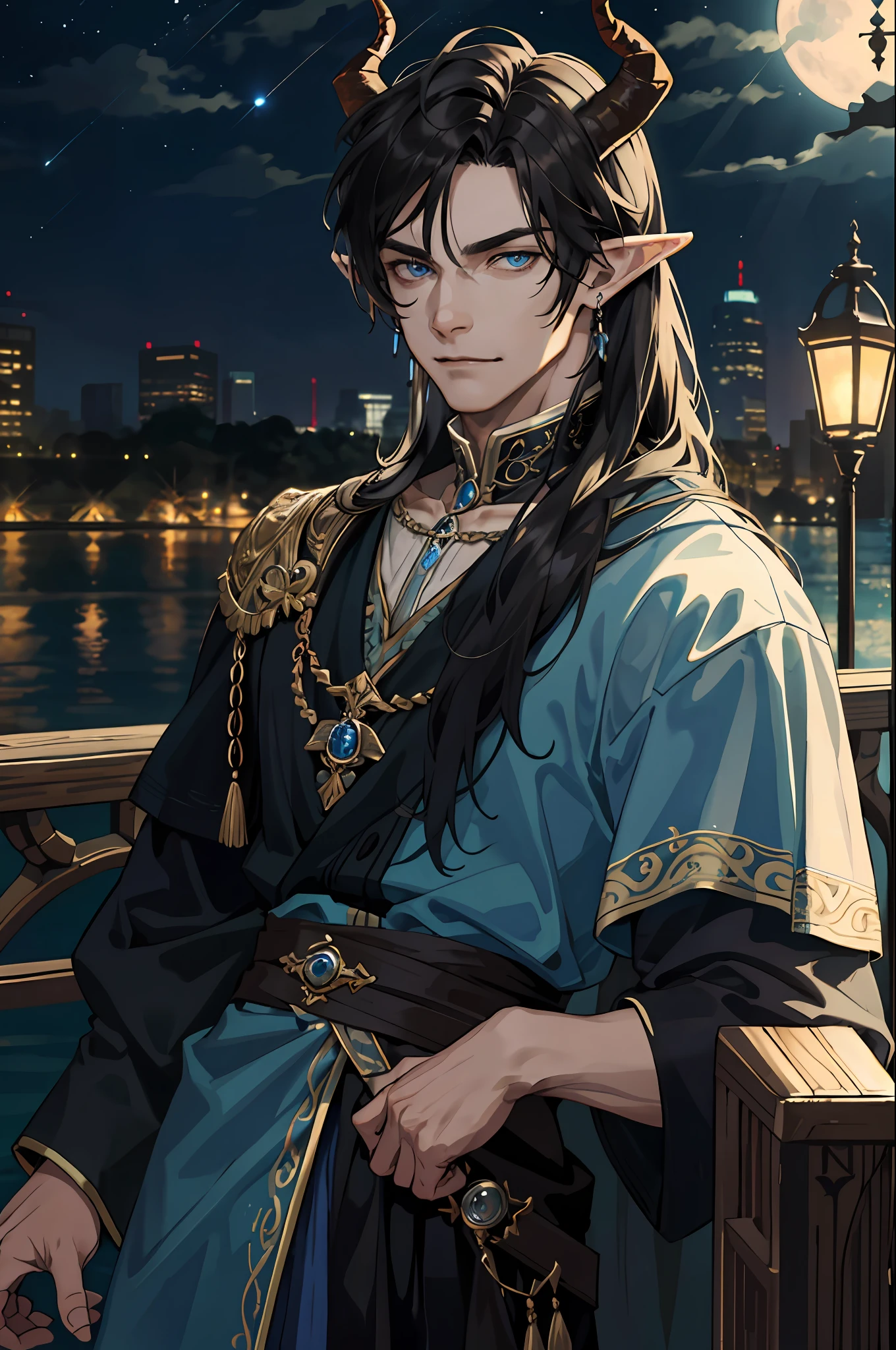 man, masculine, masculine face, attractive, muscular, (((1man))), masterpiece, absurdres, best quality ,intricate details , (pale skintone), Sundown, attractive, ((muscular)), ((horns)), incubus, adult, one, earrings, Don't look at the view , Not looking at the view, black hair, little long hair, perfect detailed face, perfect detailed hands, blue eyes, elf ears, ((portait)), smirk, masculine features, masculine face, (((night))), moonlight, darkness, dark light