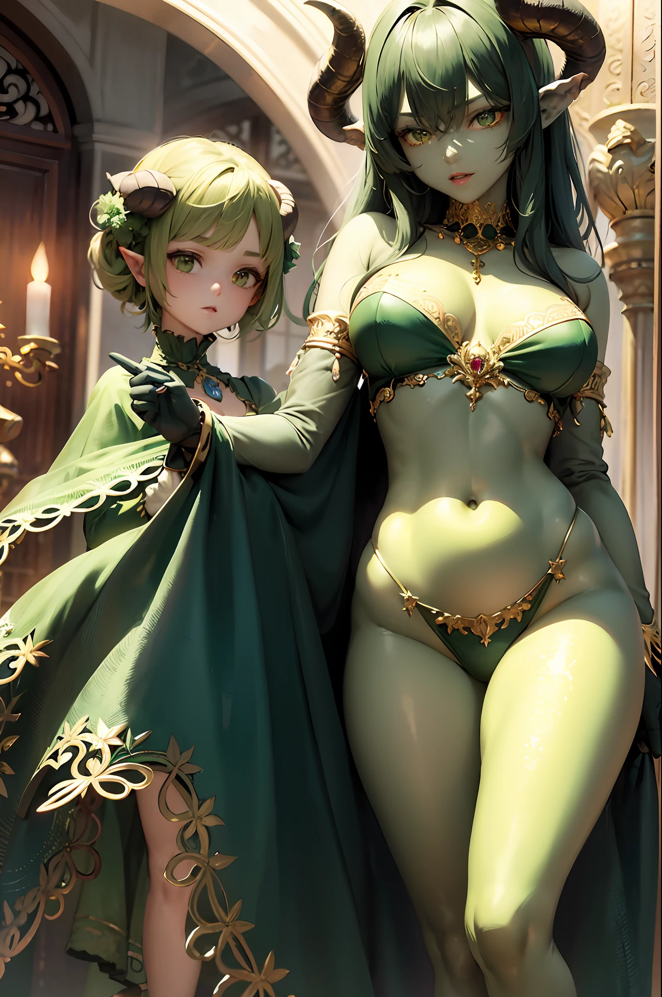 (masterpiece: 1.2, best quality), 2 girls, huge breasts, (Dynamic posture), (bright skin, dark green skin), demon girl, green skin, thin and lacy gloves, ( small demonic horns:1.1), (heaven), fringe, (jewelry, golden ornament:1.15 ), large pelvis,