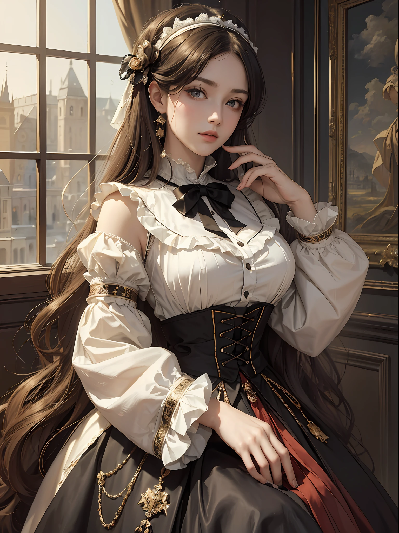 (Pure Color: 0.9), (Color: 1.1), (Masterpiece: 1,2), Best Quality, Masterpiece, High Resolution, Original, Highly Detailed Wallpaper, Beauty, Victorian, Dress, Melancholy, Big Breasts, Sepia Color, 30 years old --auto --s2