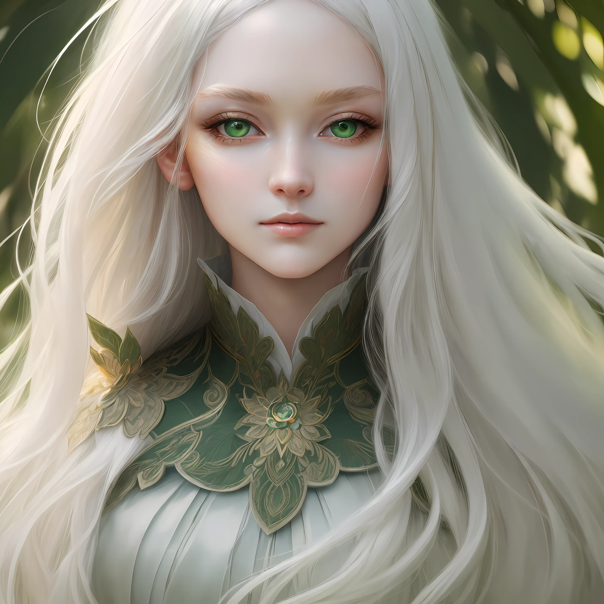 "(((Masterpiece)))), best quality, ultra-detailed details, extremely delicate and beautiful 8k wallpaper, floating, zooming in on the face of a beautiful girl with long white hair, intense green eyes and pale skin."