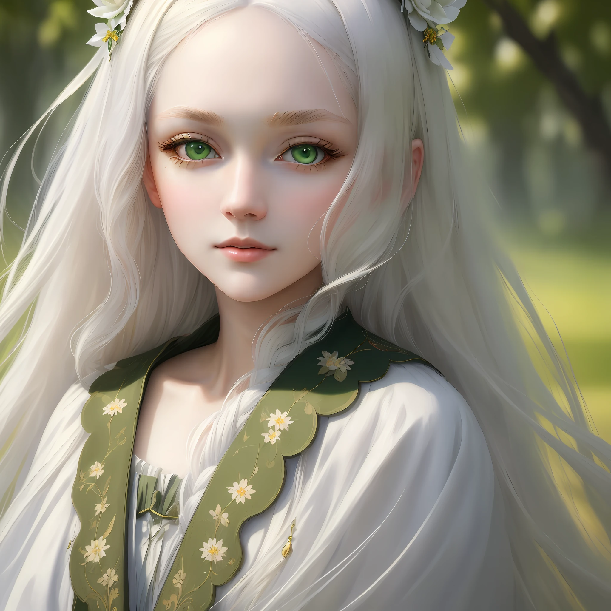 "(((Masterpiece)))), best quality, ultra-detailed details, extremely delicate and beautiful 8k wallpaper, floating, zooming in on the face of a beautiful girl with long white hair, intense green eyes and pale skin."