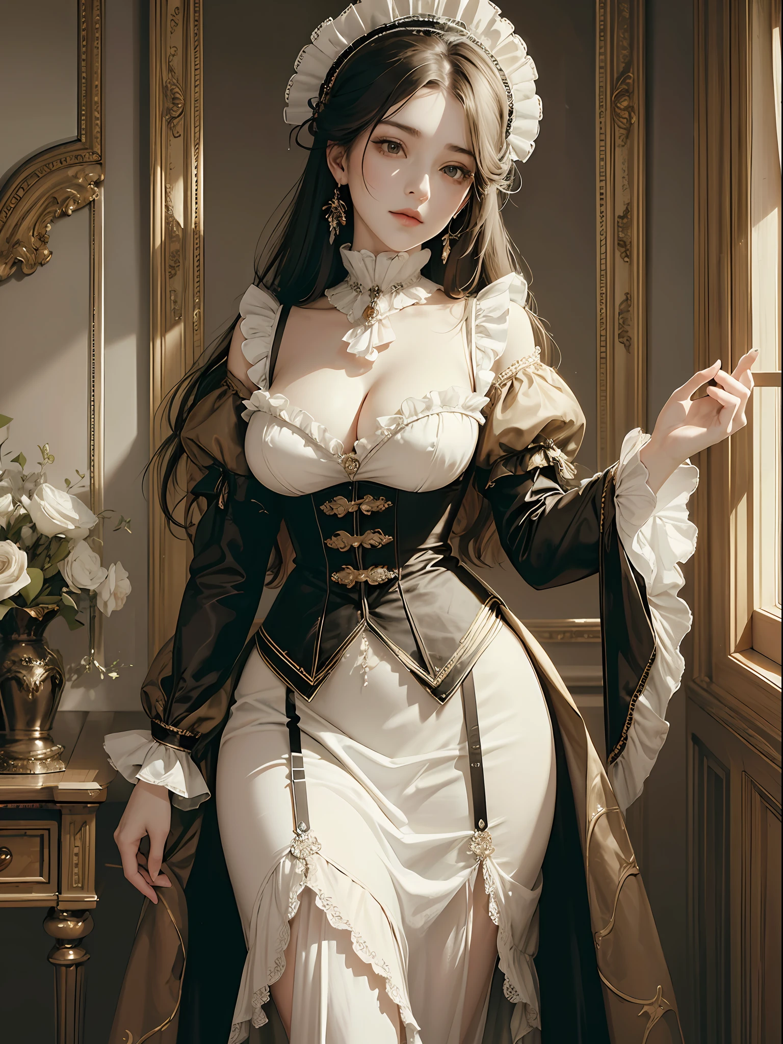(Pure Color: 0.9), (Color: 1.1), (Masterpiece: 1,2), Best Quality, Masterpiece, High Resolution, Original, Highly Detailed Wallpaper, Beauty, Victorian, Dress, Melancholy, Big Breasts, Sepia Color, 30 years old --auto --s2