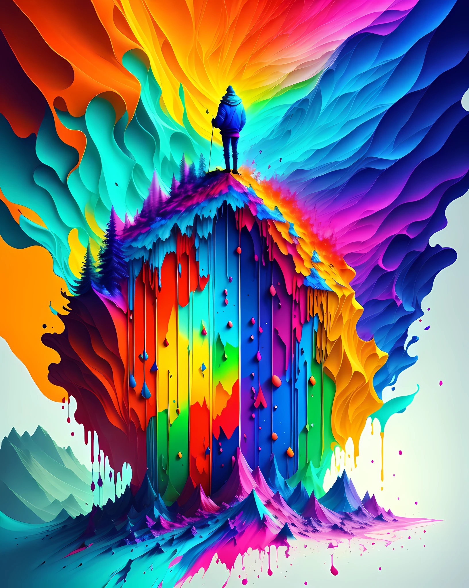 Colorful abstract paint art forming a man on top of the mountain, Romantic lighting, sub-surface Scatterring, brightness, underwater paint art awarded by Alberto Seveso