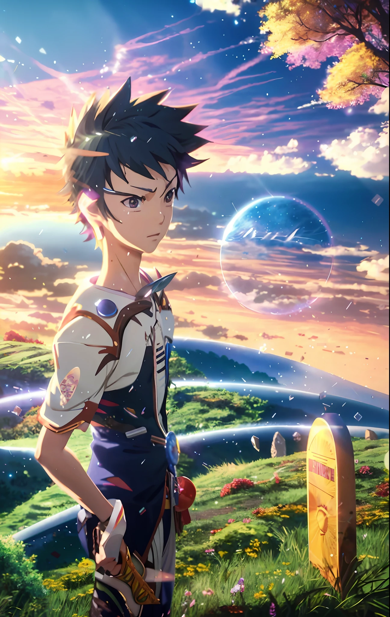 a young boy standing in a field with a sword and a sky background, epic 8 k hd anime shot, anime movie background, anime style 4 k, today's featured anime still, an epic anime of a energy man, colorful anime movie background, 4k anime wallpaper, makoto shinkai cyril rolando, detailed key anime art, screenshot from the anime film