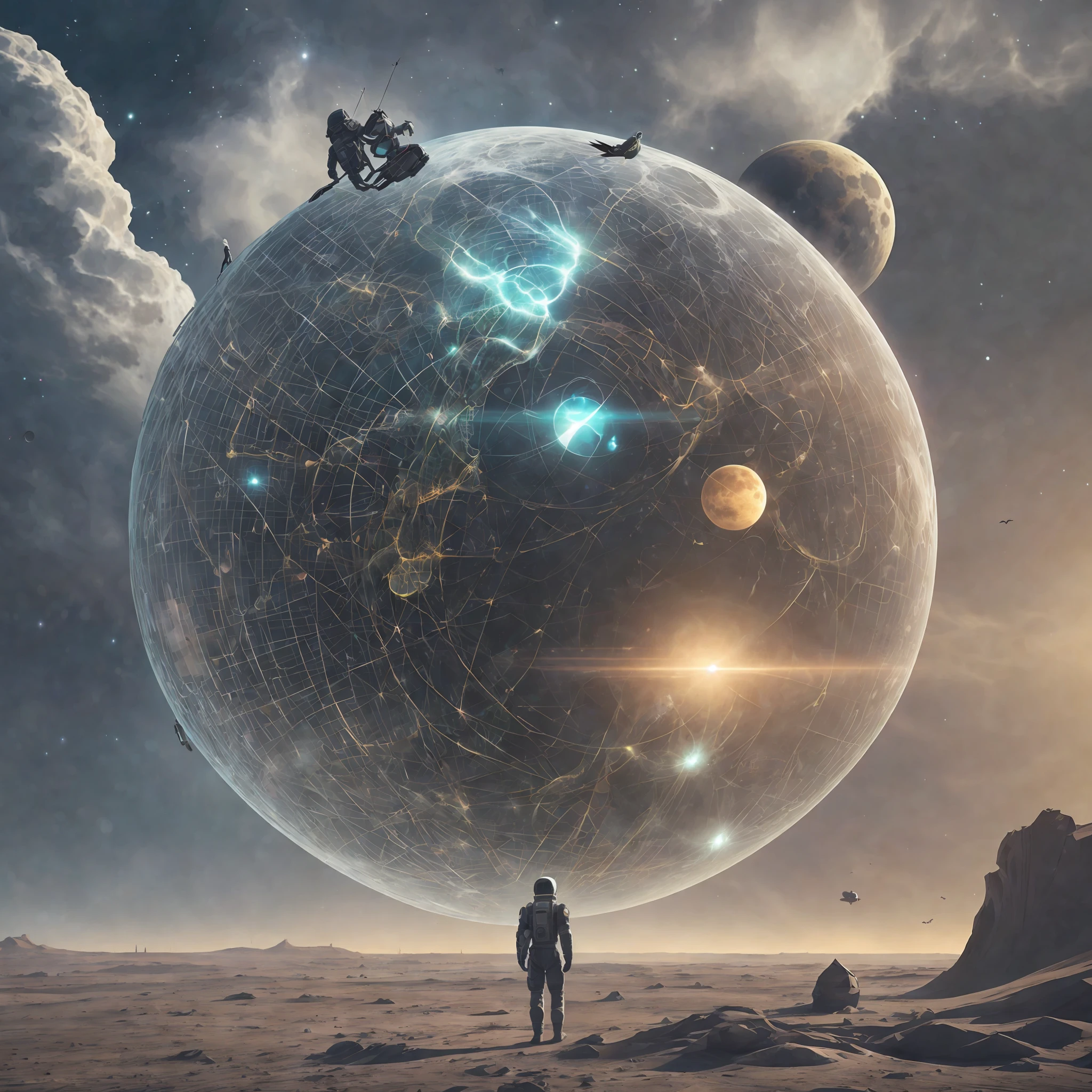 Forbidden apotheotic silhouette of the deconstruction of adulthood, on its trip to the Moon by the interactionism of human specialties futuristic, Digital Art, 50K. --auto --s2