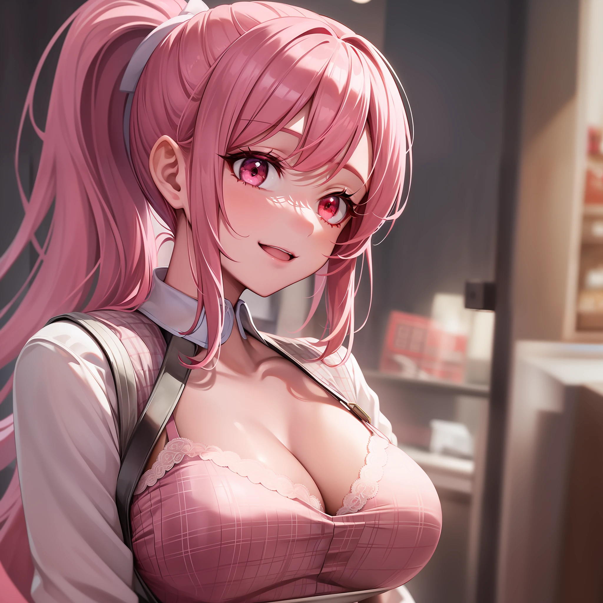 Solo, detailed face, long eyelashes, narrow eyes, (high ponytail: 1.3), (red eyes: 1.3), (pink hair and white mesh: 1.2), big cleavage, slim, tartan check, shopping, angle from the side, white uniform, light blue and white lace underwear, smile, full body,