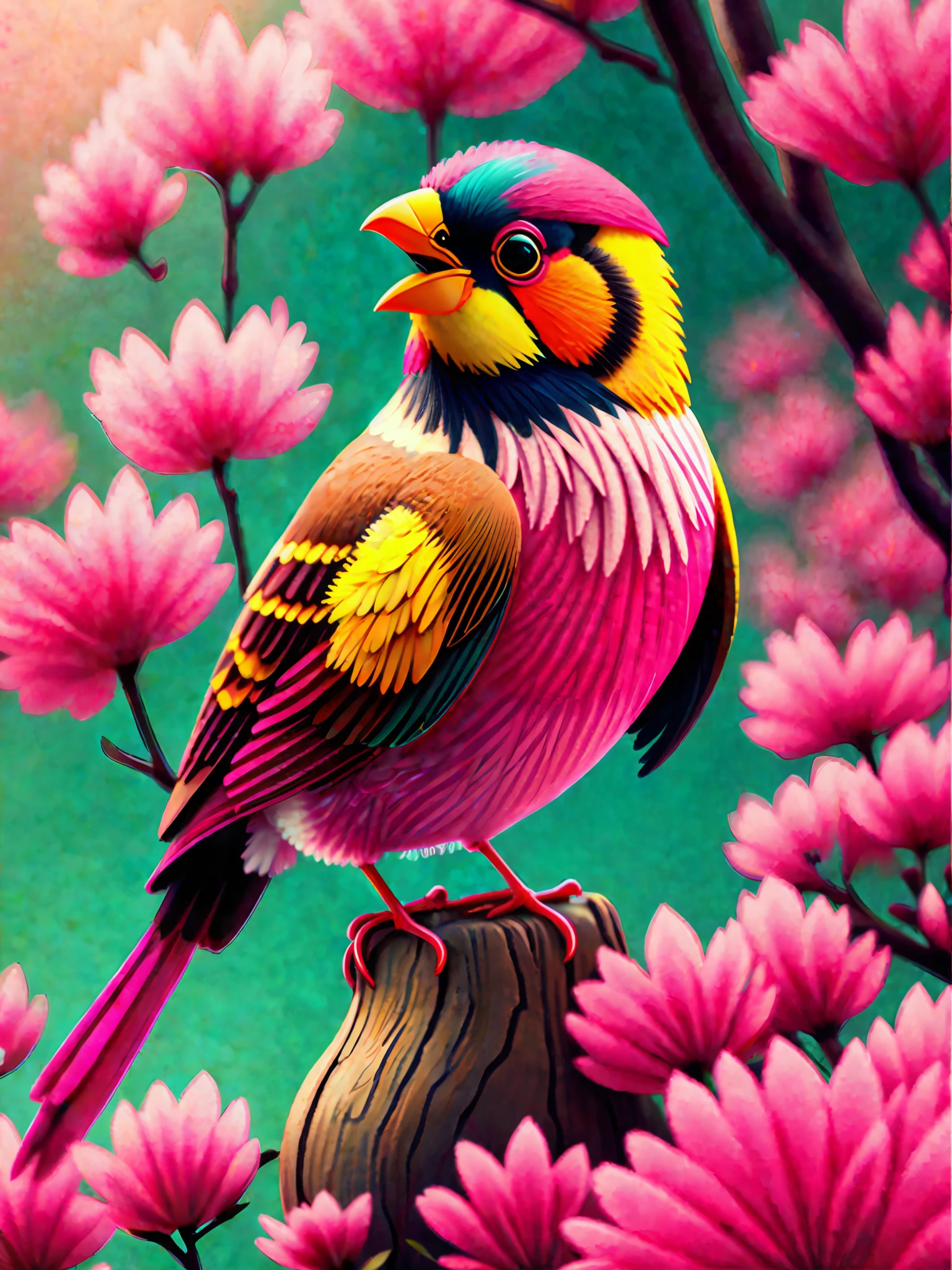 a bird sitting on a branch with pink flowers, cgi art, red-yellow colors, hyperrealistic sparrows, pinterest, photorealistic artstyle, in rich color, an ai generated image, very detailed portrait, singing for you, breathtaking render