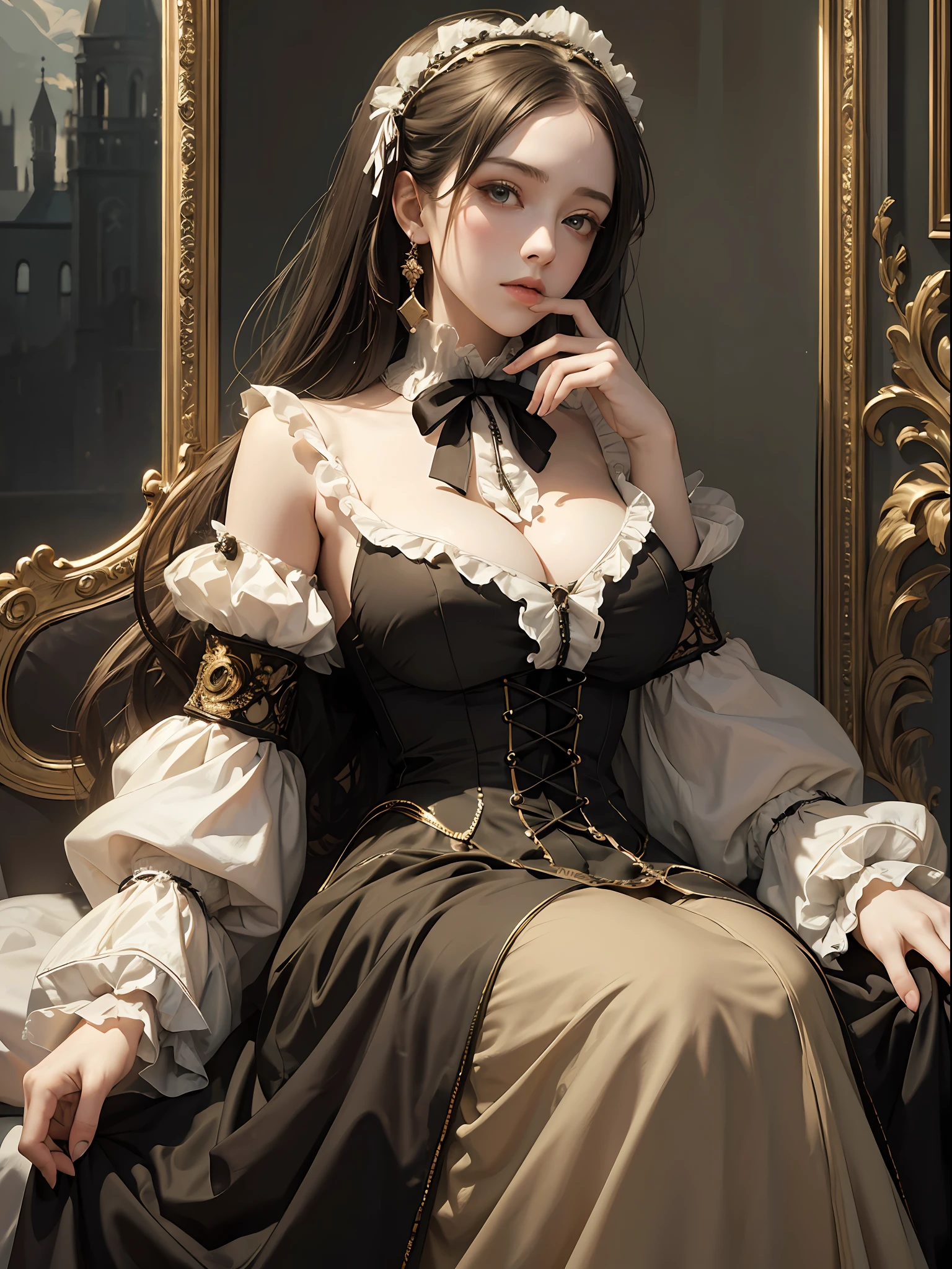 (Pure Color: 0.9), (Color: 1.1), (Masterpiece: 1,2), Best Quality, Masterpiece, High Resolution, Original, Highly Detailed Wallpaper, Beauty, Victorian, Dress, Melancholy, Big Breasts, Sepia Color, 30 years old --auto --s2
