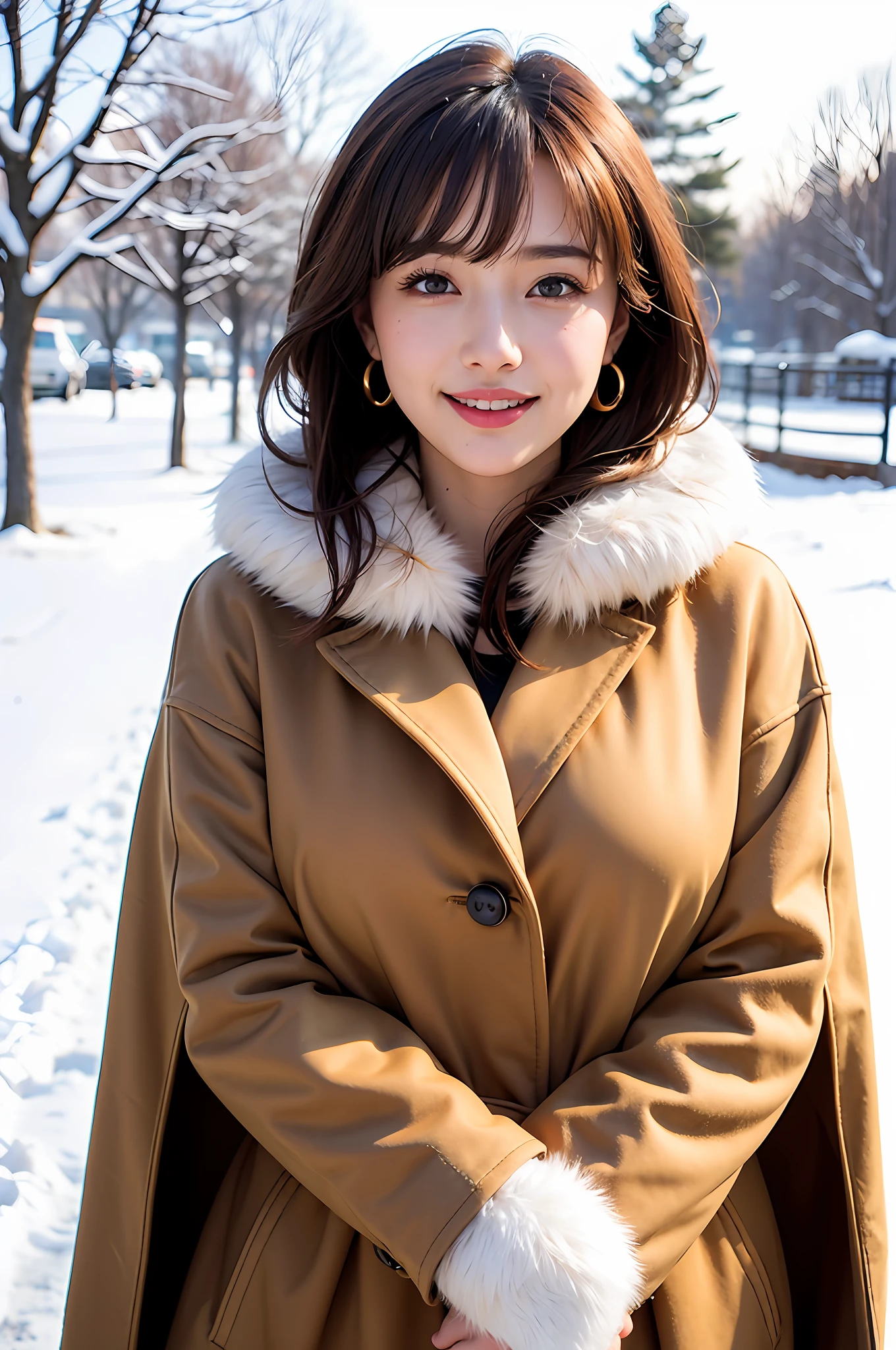 1 girl, bare_tree, brown_eyes, brown_hair, building, coat, cross_earrings, earrings, fur, fur trimmed_coat, fur_collar, fur_scarf, fur_trim, jewelry, lips, shorthair, looking_at_viewer, outdoors, snow, snow, solo, tree, upper_body, Winter, winter_clothes, detailed_eyes, Big breasts, chest close with arms, chest to camera, big, ears out, golden ratio face, golden ratio body, best quality, ultra high definition, bangs, thick bangs, highlights in eyes, mouth closed, happy smile
