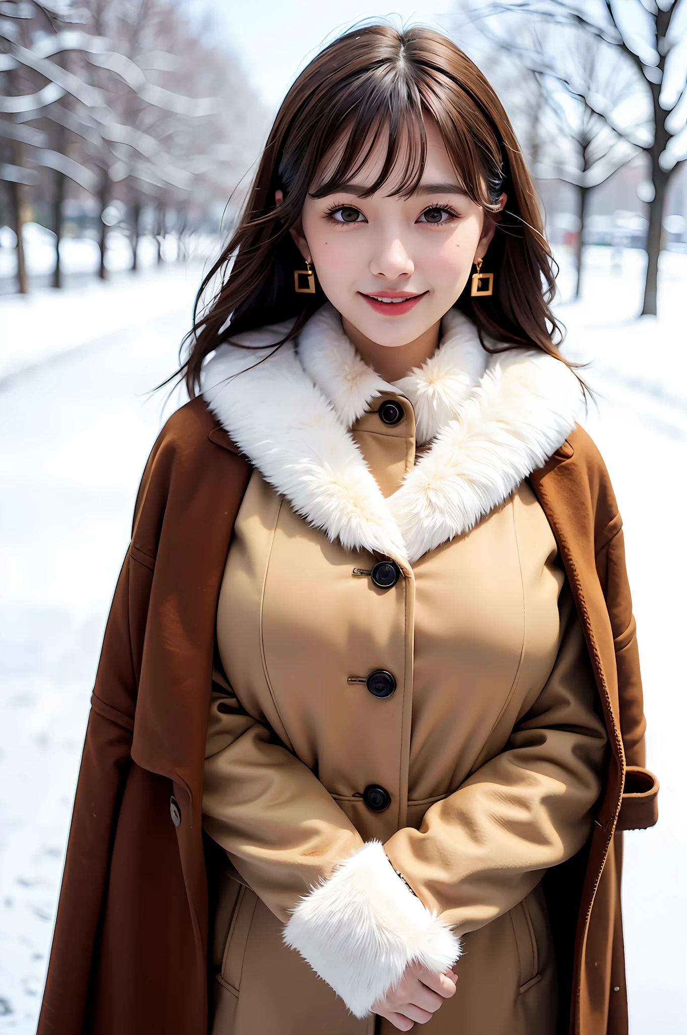1 girl, bare_tree, brown_eyes, brown_hair, building, coat, cross_earrings, earrings, fur, fur trimmed_coat, fur_collar, fur_scarf, fur_trim, jewelry, lips, shorthair, looking_at_viewer, outdoors, snow, snow, solo, tree, upper_body, Winter, winter_clothes, detailed_eyes, Big breasts, chest close with arms, chest to camera, big, ears out, golden ratio face, golden ratio body, best quality, ultra high definition, bangs, thick bangs, highlights in eyes, mouth closed, happy smile