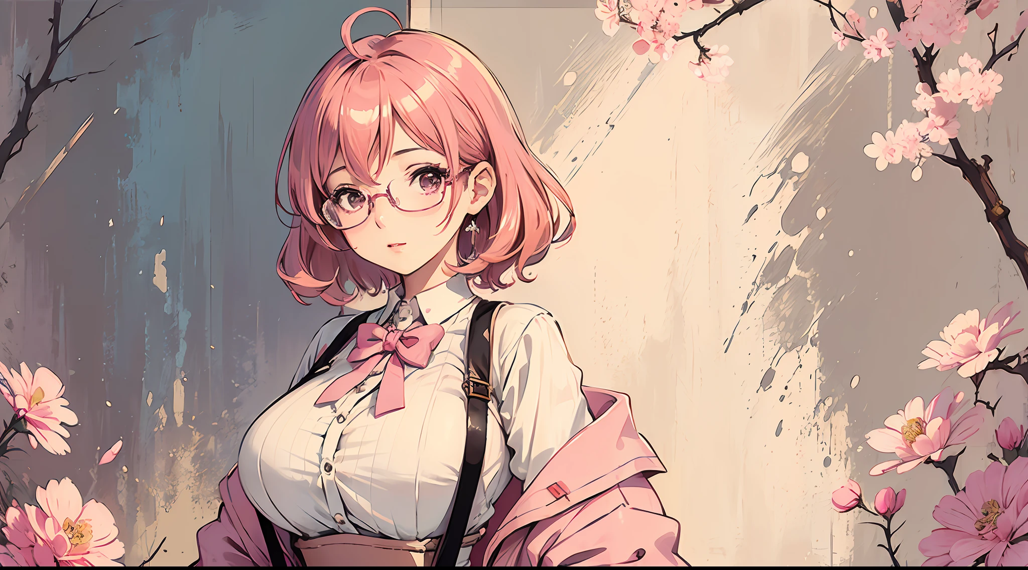 (masterpiece:1.2, best quality), (dinamic lighting) 1lady, solo, short hair, big breasts, (shiny skin:1.2), upper body, glasses, modern, wavy pink hair,pink Suspenders, flower on ear, harajuku style, hair pin, loli ,ahoge