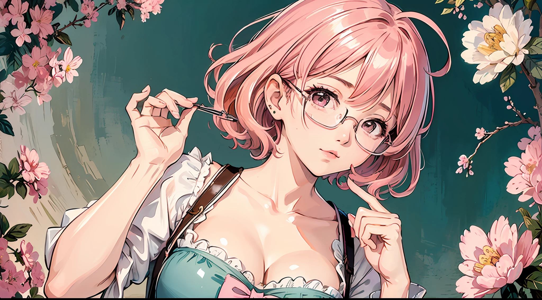 (masterpiece:1.2, best quality), (dinamic lighting) 1lady, solo, short hair, big breasts, (shiny skin:1.2), upper body, glasses, modern, wavy pink hair,pink Suspenders, flower on ear, harajuku style, hair pin, loli ,ahoge