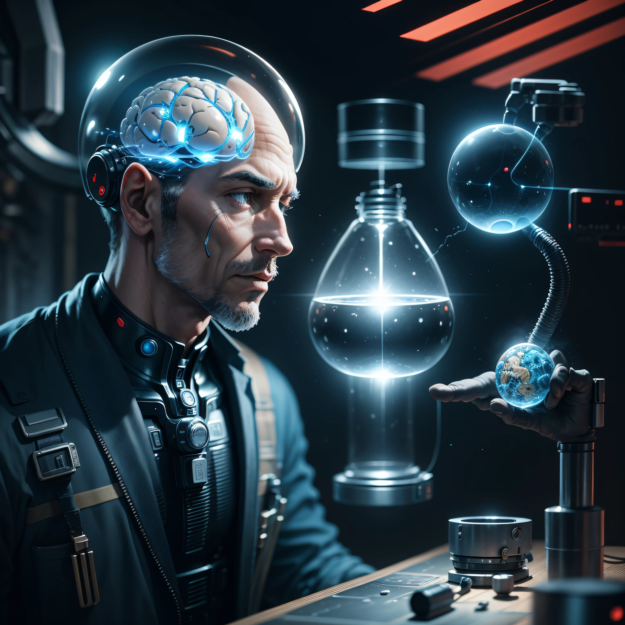 futuristic man, detailed, realistic, 4k, setting up a brain, blurred background, emepnhado, mechanic's table, --auto --s2