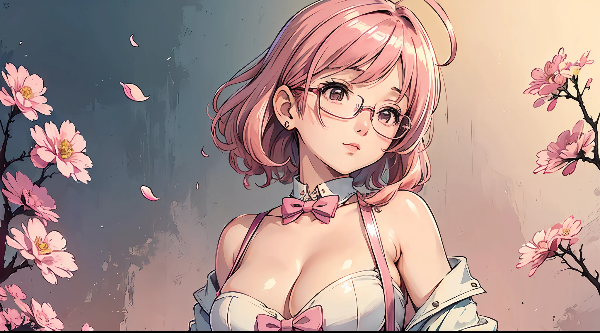 (masterpiece:1.2, best quality), (dinamic lighting) 1lady, solo, short hair, big breasts, (shiny skin:1.2), upper body, glasses, modern, wavy pink hair,pink Suspenders, flower on ear, harajuku style, hair pin, ,ahoge