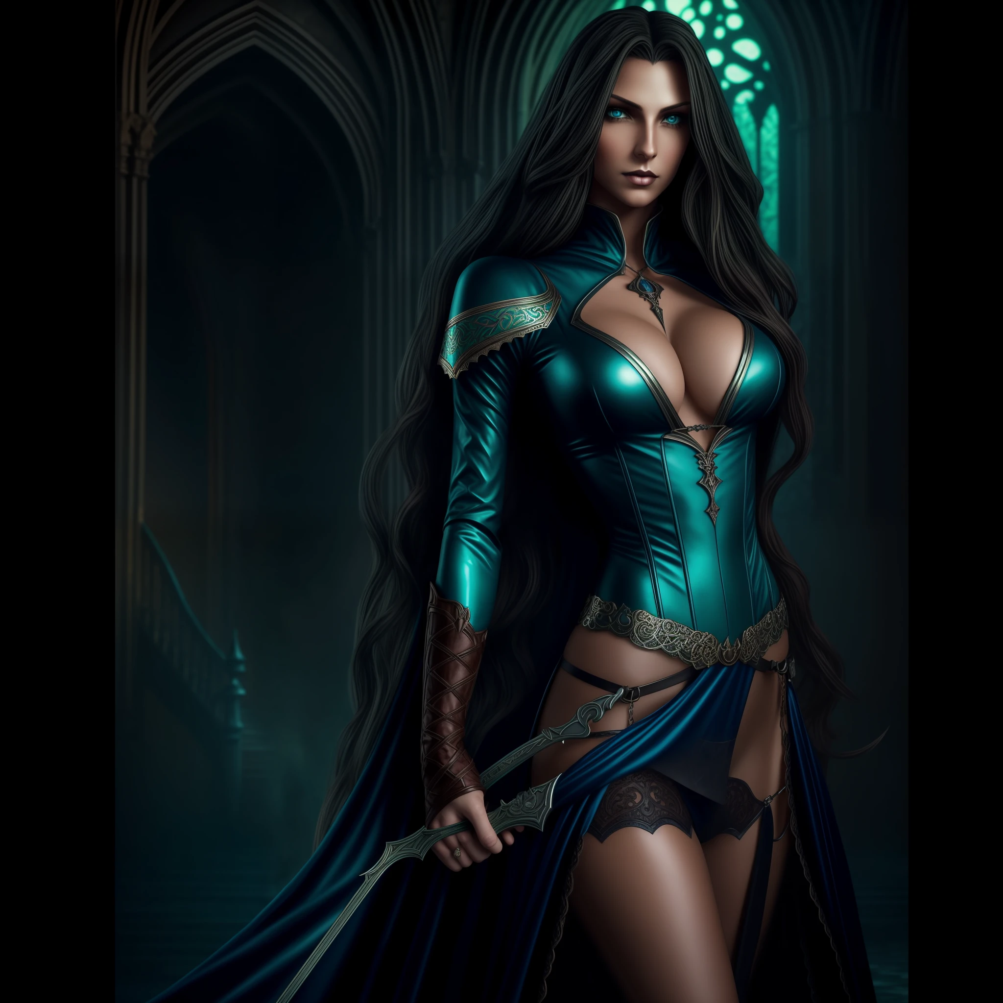 Me in a gothic setting of Castlevania, long brown curly hair, elongated and well-defined face with features of a tall woman with Italian ancestry, wearing blue bikini and metallic silver, green eyes, wide hips, intricate details. The background is dark and Gothic, adding to the mysterious atmosphere. This art is on the rise at ArtStation, capturing the essence of the iconic Symphony of the Night game. The illustration is soft, with sharp focus, showing the beauty and fascination of me