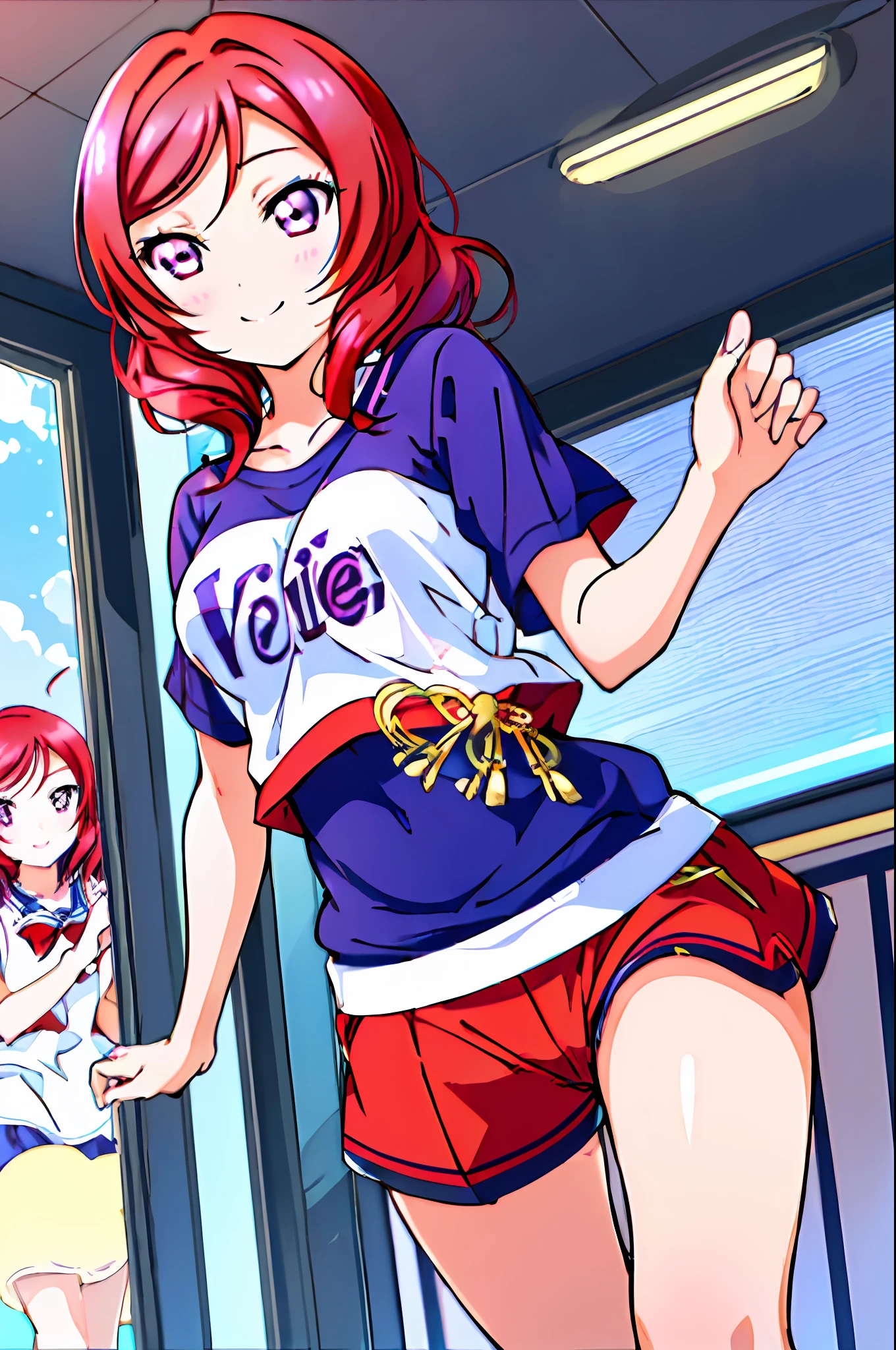 Nishikino maki, love live, (masterpiece:1.2), best quality, perfect anatomy, extremely detailed, cute girl, shiny skin, light smile, solo, lovely big eyes, cute eyes, (violet eyes:1.4), (red scarlet hair:1.4), sport top piece, sport shirt, sport shorts, school, running track, looking at viewer, character focus, evil smile, running pose, show stomach,