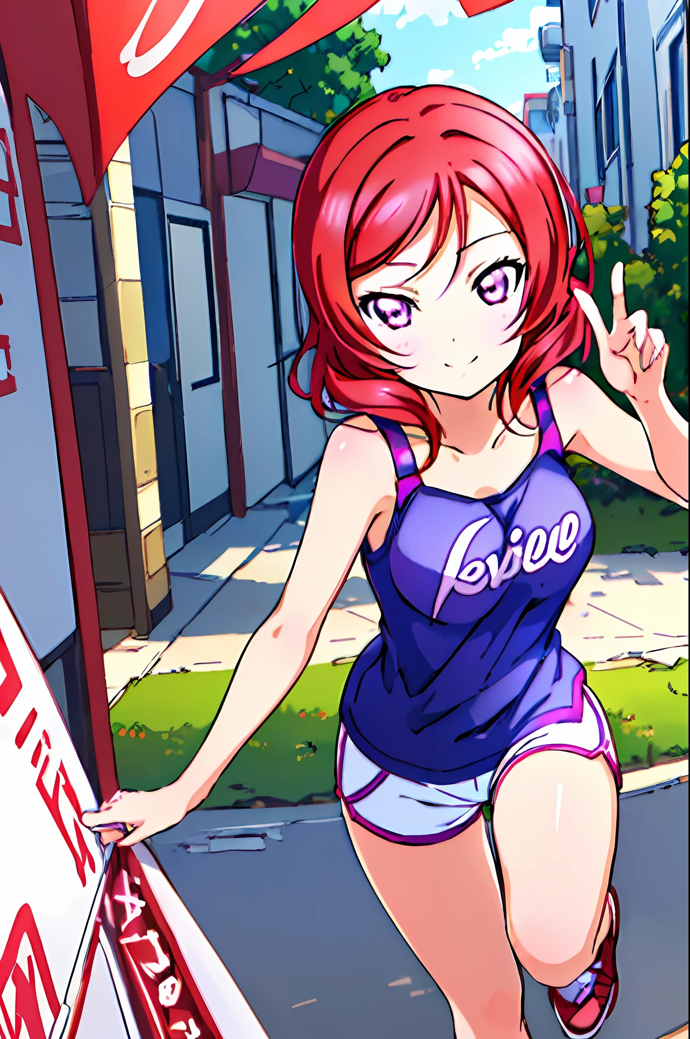 Nishikino maki, love live, (masterpiece:1.2), best quality, perfect anatomy, extremely detailed, cute girl, shiny skin, light smile, solo, lovely big eyes, cute eyes, (violet eyes:1.4), (red scarlet hair:1.4), sport top piece, sport shirt, sport shorts, school, running track, looking at viewer, character focus, evil smile, running pose, show stomach,