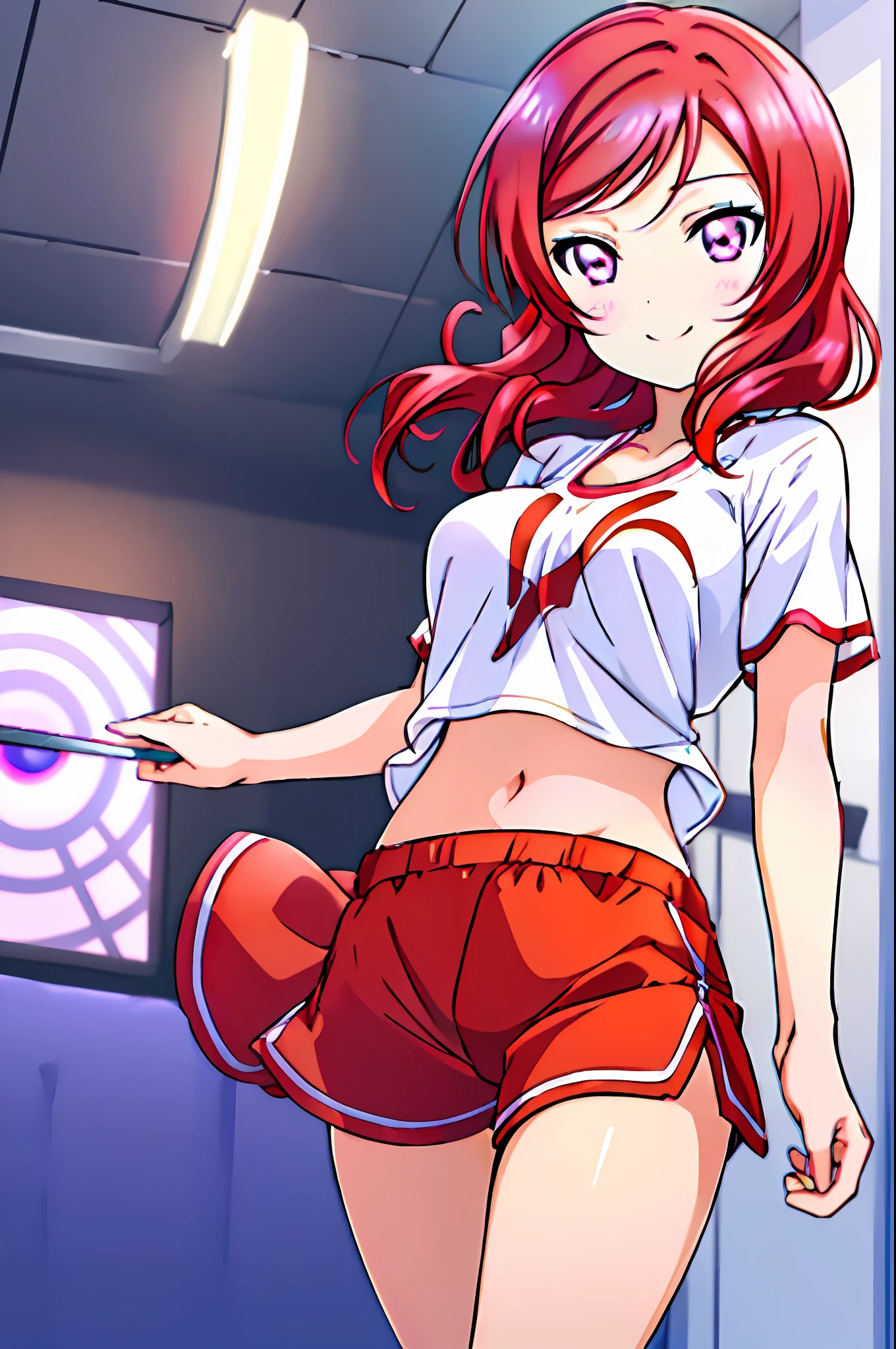 Nishikino maki, love live, (masterpiece:1.2), best quality, perfect anatomy, extremely detailed, cute girl, shiny skin, light smile, solo, lovely big eyes, cute eyes, (violet eyes:1.4), (red scarlet hair:1.4), sport top piece, sport shirt, sport shorts, school, running track, looking at viewer, character focus, evil smile, running pose, show stomach,