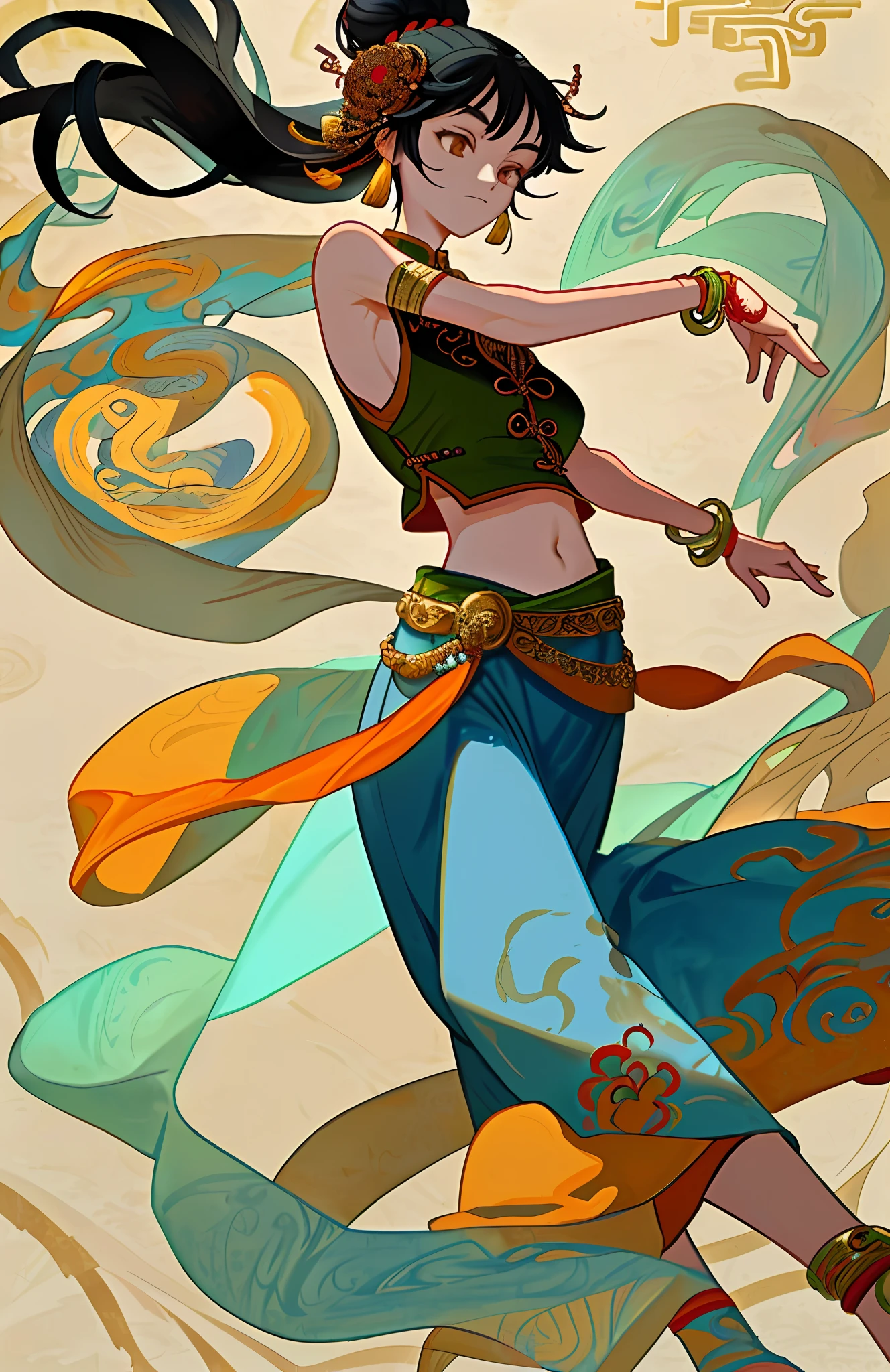 An ancient Chinese beauty in a dancing pose, gorgeous costumes embroidered with intricate embroidery, flowing tulle, transparent long colorful Wu belts on her arms, showing her navel, shoulders, neck, black hair in a high bun Flower hairpins for hair bands, ribbons for arm rings, wreath rings, bracelets, anklets, metal chain tassels around the waist, Mogao Grottoes art, Dunhuang Flying Apsaras mural inspiration, ink wash, cgstation popular, masterpiece, recent quality, high-definition details , 32K