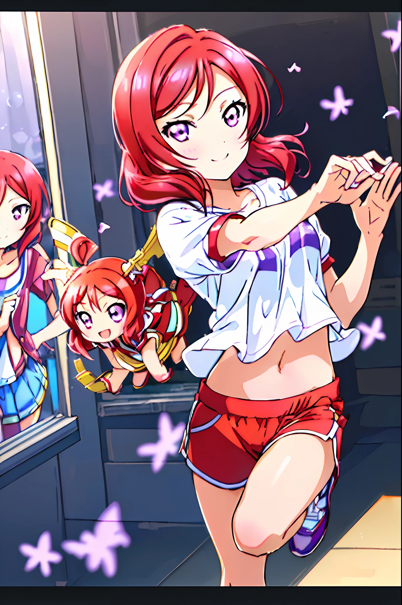 Nishikino maki, love live, (masterpiece:1.2), best quality, perfect anatomy, extremely detailed, cute girl, shiny skin, light smile, solo, lovely big eyes, cute eyes, (violet eyes:1.4), (red scarlet hair:1.4), sport top piece, sport shirt, sport shorts, school, running track, looking at viewer, character focus, evil smile, running pose, show stomach,