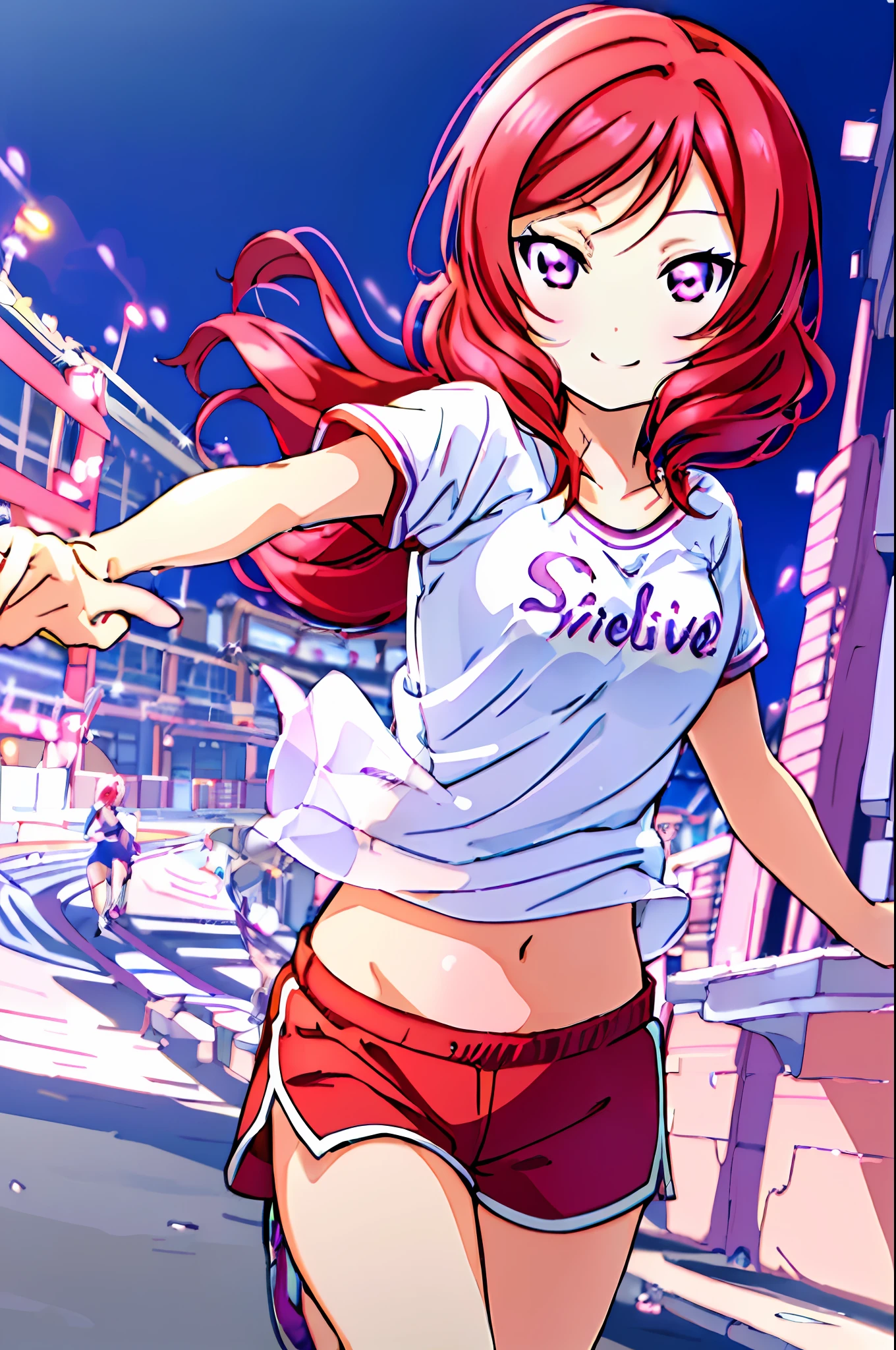 Nishikino maki, love live, (masterpiece:1.2), best quality, perfect anatomy, extremely detailed, cute girl, shiny skin, light smile, solo, lovely big eyes, cute eyes, (violet eyes:1.4), (red scarlet hair:1.4), sport top piece, sport shirt, sport shorts, school, running track, looking at viewer, character focus, evil smile, running pose, show stomach,