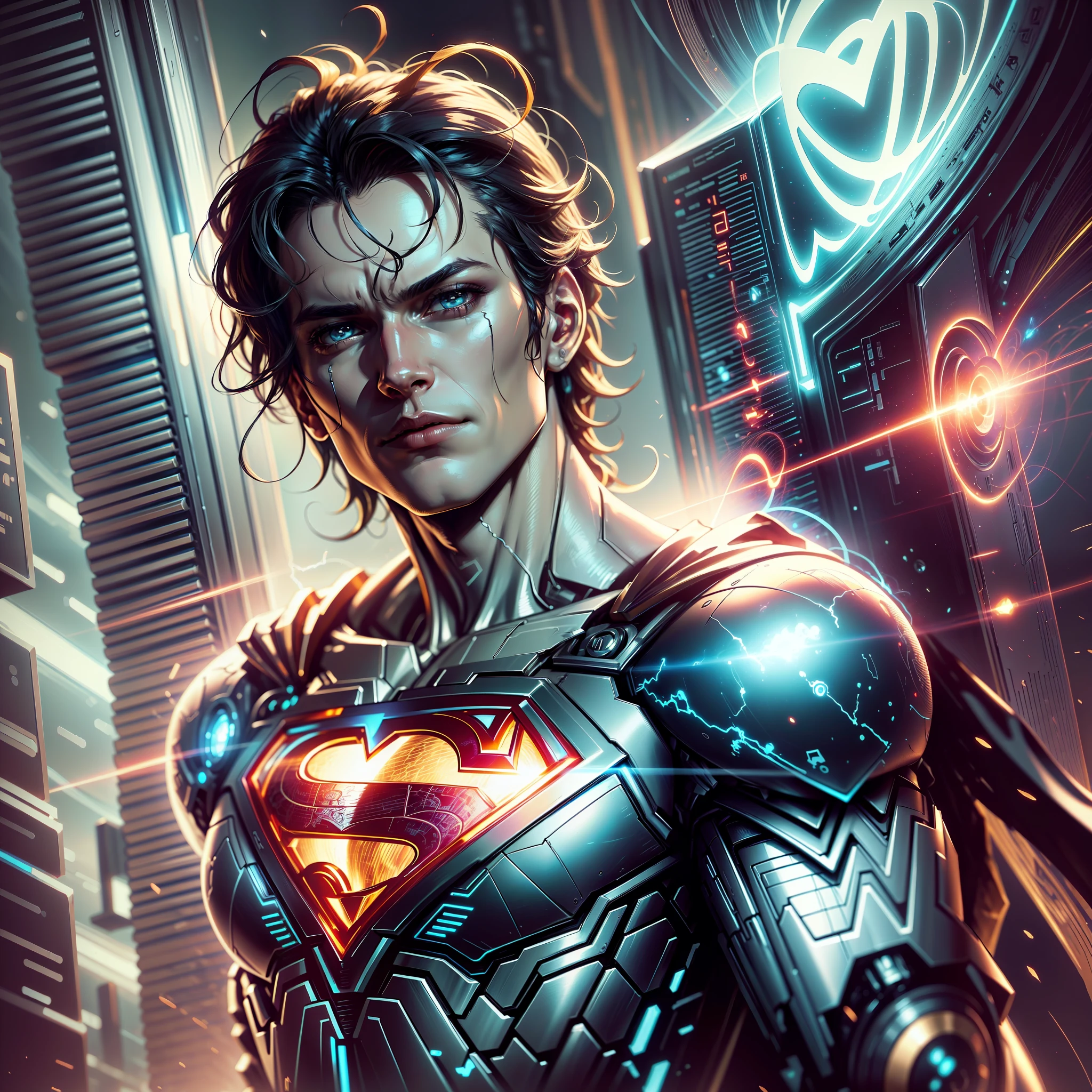 Superman DC Comics Cyber Punk Style (Masterpiece) (Best Quality) (Detailed) (8K) (HDR) (Wallpaper) (Cinematic Lighting) (Sharp Focus) (Intricate) --auto --s2