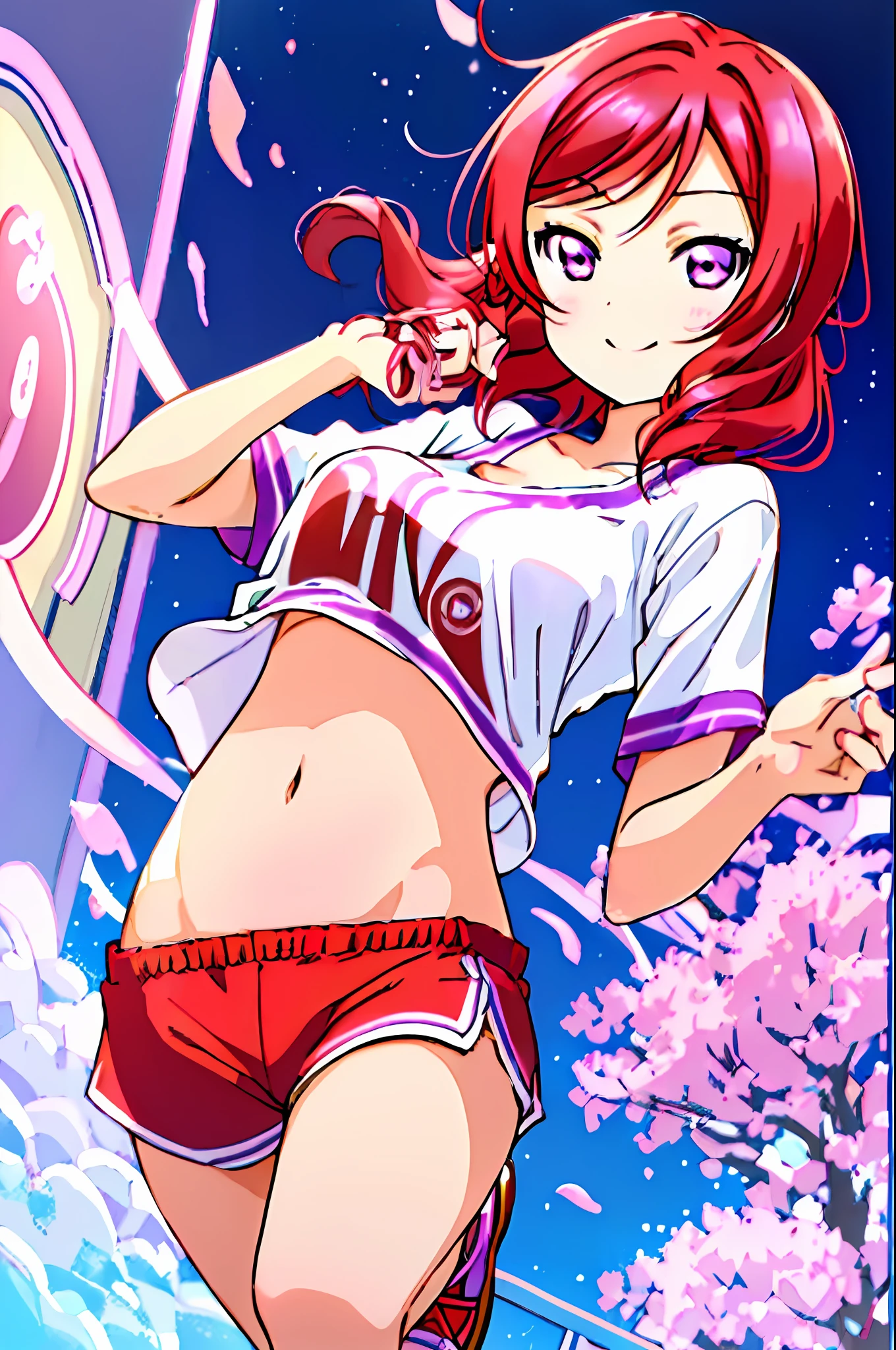 Nishikino maki, love live, (masterpiece:1.2), best quality, perfect anatomy, extremely detailed, cute girl, shiny skin, light smile, solo, lovely big eyes, cute eyes, (violet eyes:1.4), (red scarlet hair:1.4), sport top piece, sport shirt, sport shorts, school, running track, looking at viewer, character focus, evil smile, running pose, show stomach,