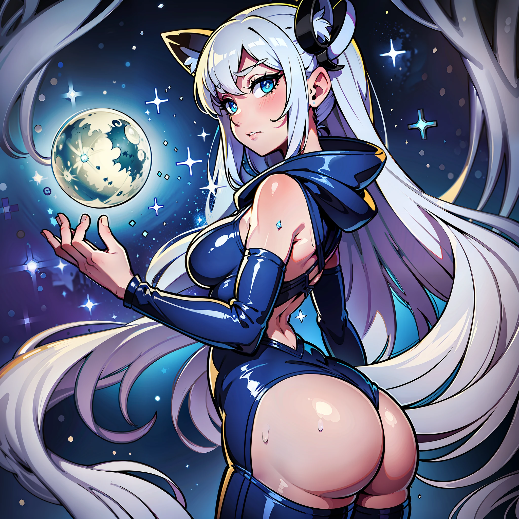 Monster, hooded,, Mysterious, Enigmatic, Otherworldly, Solitary, Sage, Lunar being, Moonlight, Silver-white hair, Shimmering blue and silver ribbons, Moonlit night, Reflective eyes, Deep wisdom, Melancholy, Slender, Graceful, Pale luminescence, Moonlight glow, Silver-white hair, Shimmering blue and silver ribbons, Reflective eyes, Silvery-blue glow, Moonlit night, Flowing gown, Phases of the moon, Dark blue, Deep purple, Silver and gold celestial patterns, Stars, Moons, Constellations, High collar, Hood, Silver amulet, Delicate chain, lantern, Moon, Gentle source of light, Silver rings, Moonstones, 1girl, simple background, colored background, wide hips, full body, pin up, big butt, tease, stripping, sexy, sweaty, ahegao, big eyes