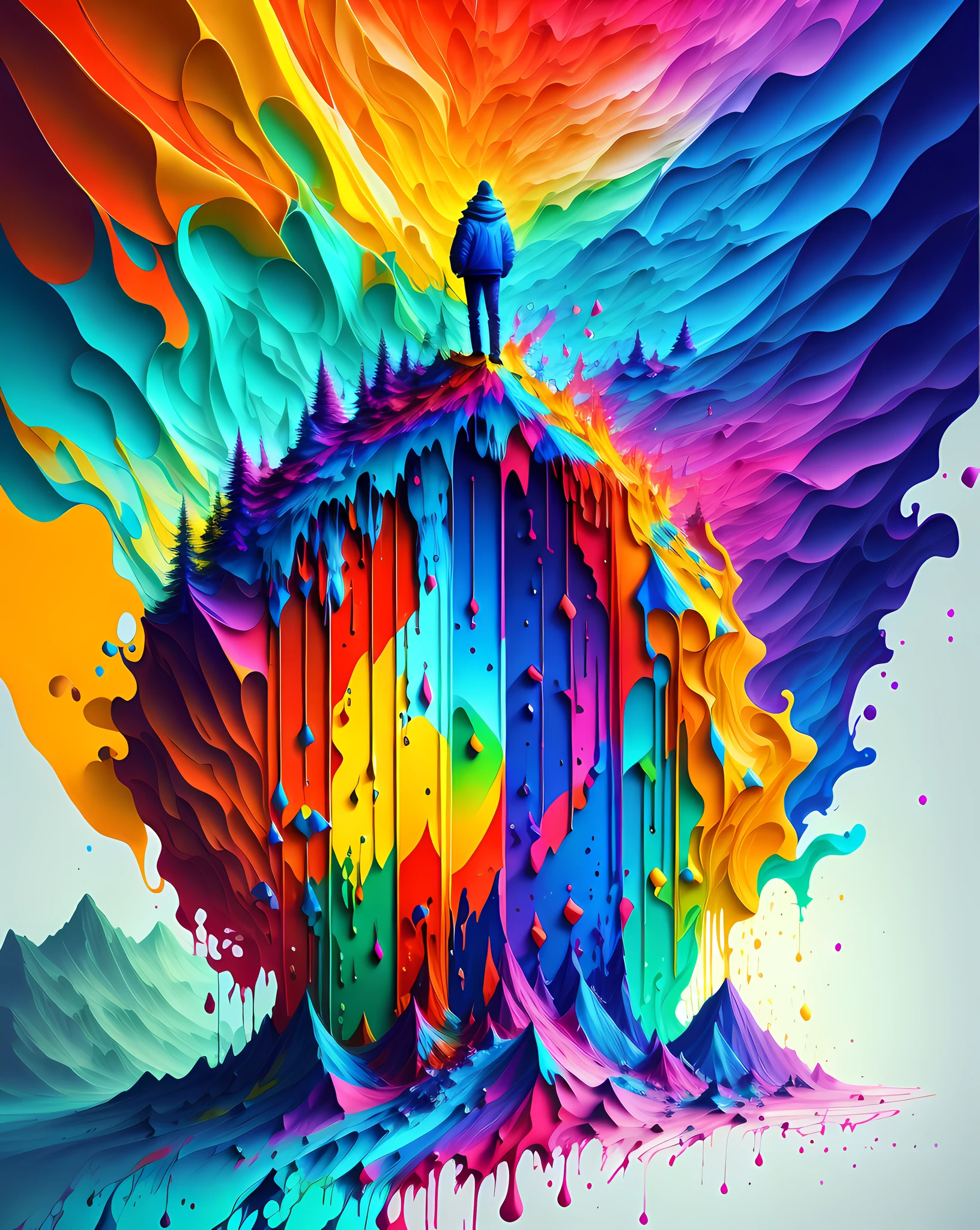 Colorful abstract paint art forming a man on top of the mountain, Romantic lighting, sub-surface Scatterring, brightness, underwater paint art awarded by Alberto Seveso, arms up