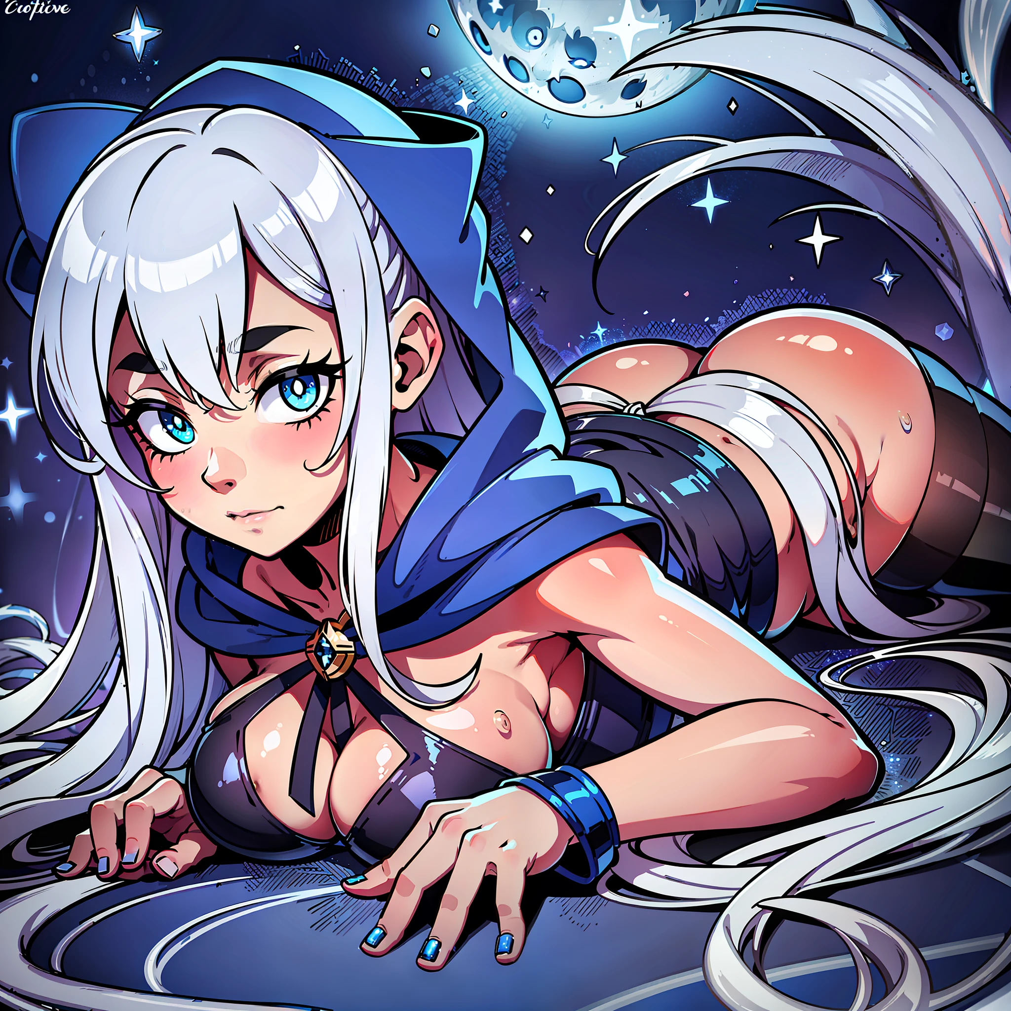Monster, hooded,, Mysterious, Enigmatic, Otherworldly, Solitary, Sage, Lunar being, Moonlight, Silver-white hair, Shimmering blue and silver ribbons, Moonlit night, Reflective eyes, Deep wisdom, Melancholy, Slender, Graceful, Pale luminescence, Moonlight glow, Silver-white hair, Shimmering blue and silver ribbons, Reflective eyes, Silvery-blue glow, Moonlit night, Flowing gown, Phases of the moon, Dark blue, Deep purple, Silver and gold celestial patterns, Stars, Moons, Constellations, High collar, Hood, Silver amulet, Delicate chain, lantern, Moon, Gentle source of light, Silver rings, Moonstones, 1girl, simple background, colored background, wide hips, full body, pin up, big butt, tease, stripping, sexy, sweaty, ahegao, big eyes